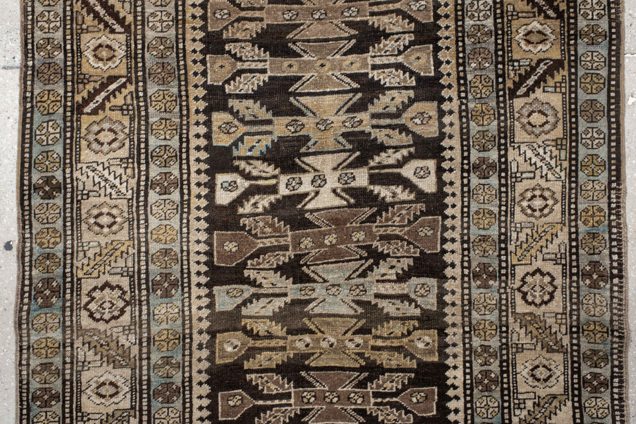 3' x 15' one-of-a-kind handmade antique NW Persian runner rug. Color palette: brown, ivory, camel, light blue, taupe