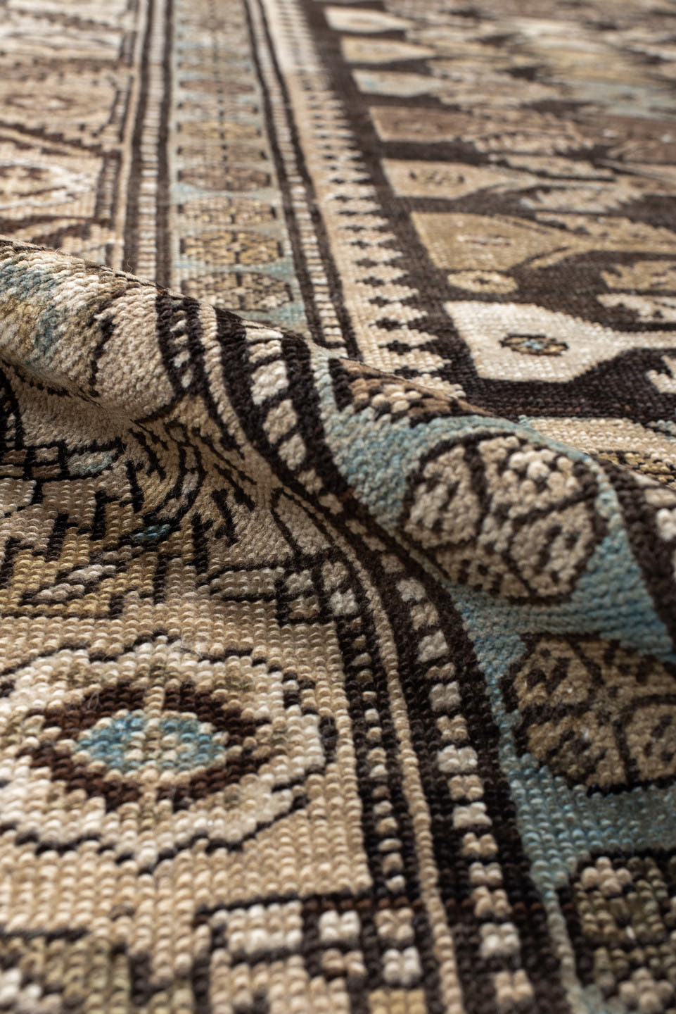 3' x 15' one-of-a-kind handmade antique NW Persian runner rug. Color palette: brown, ivory, camel, light blue, taupe