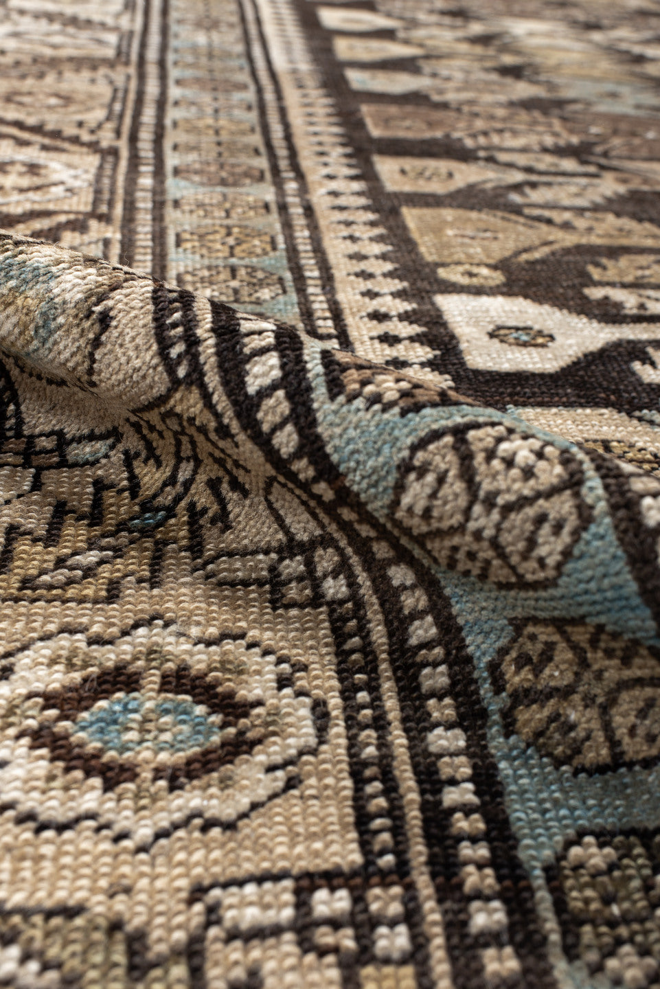 3' x 15' one-of-a-kind handmade antique NW Persian runner rug. Color palette: brown, ivory, camel, light blue, taupe
