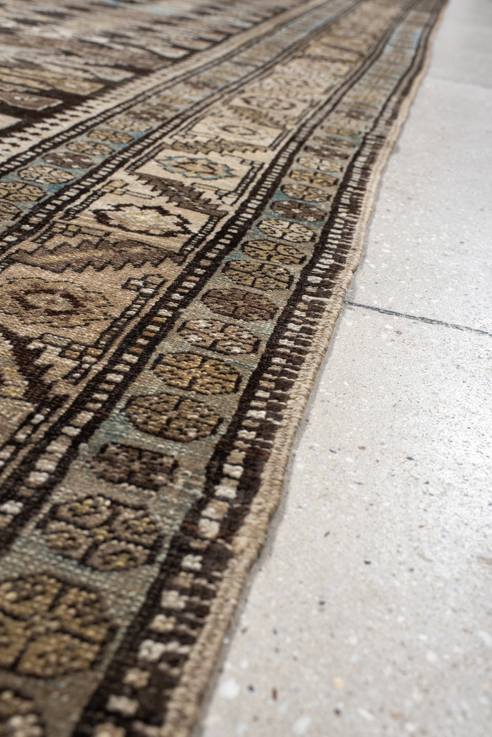 3' x 15' one-of-a-kind handmade antique NW Persian runner rug. Color palette: brown, ivory, camel, light blue, taupe