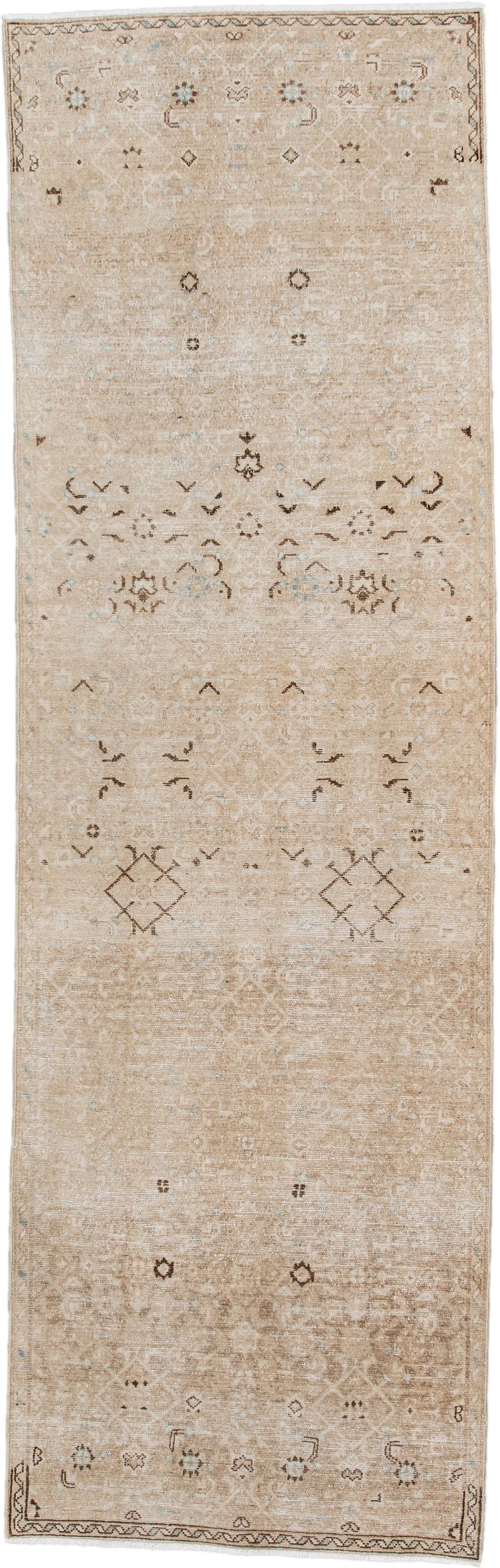 2' x 8' one-of-a-kind handmade antique Malayer runner rug. Color palette: camel, ivory, taupe, brown, pale blue, beige, gray