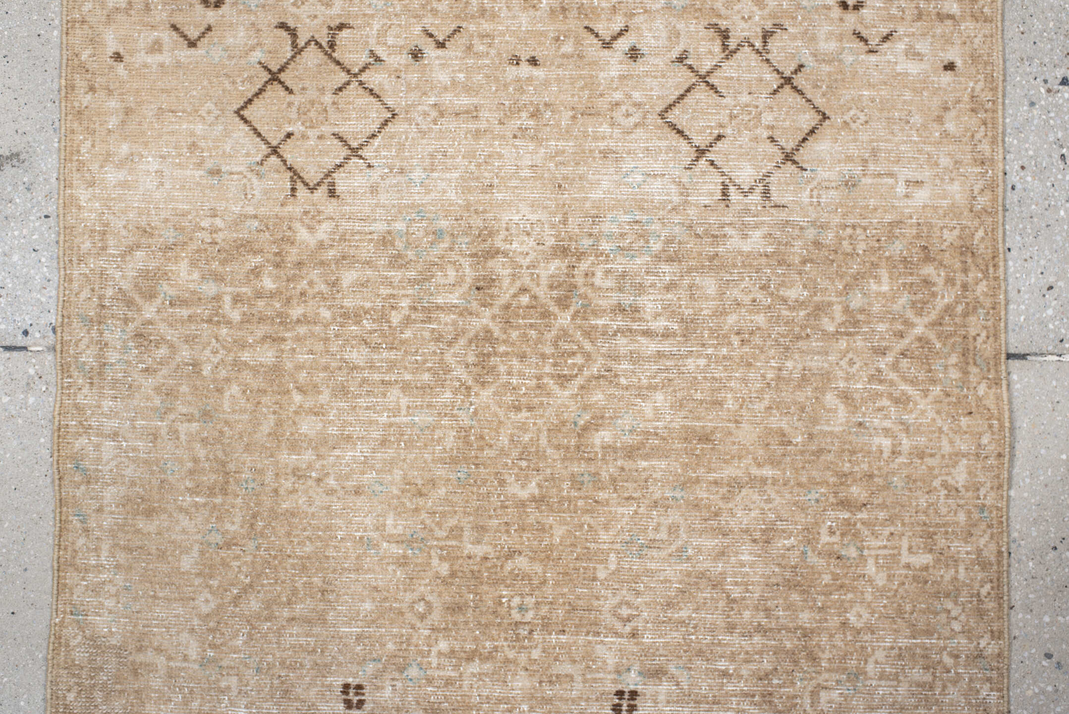 2' x 8' one-of-a-kind handmade antique Malayer runner rug. Color palette: camel, ivory, taupe, brown, pale blue, beige, gray