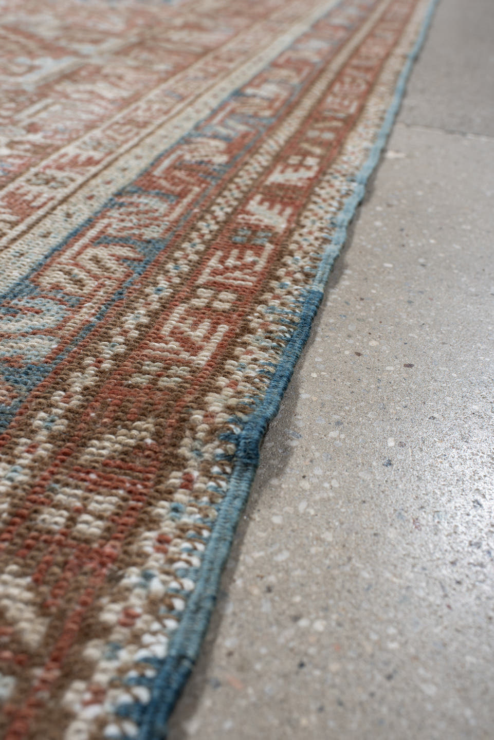 3' x 11' one-of-a-kind handmade antique Karaje runner rug. Color palette: terra cotta, ivory, sky blue, rust, camel, slate