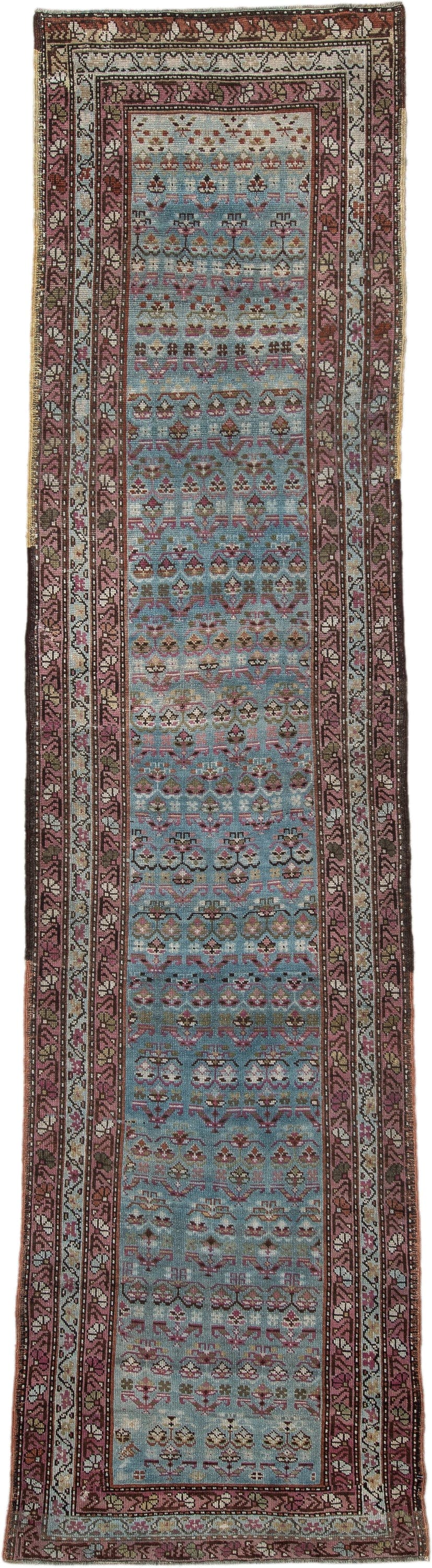 3' x 12' one-of-a-kind handmade antique NW Persian runner rug. Color palette: sky blue, rose, ivory, brown, slate, burgundy