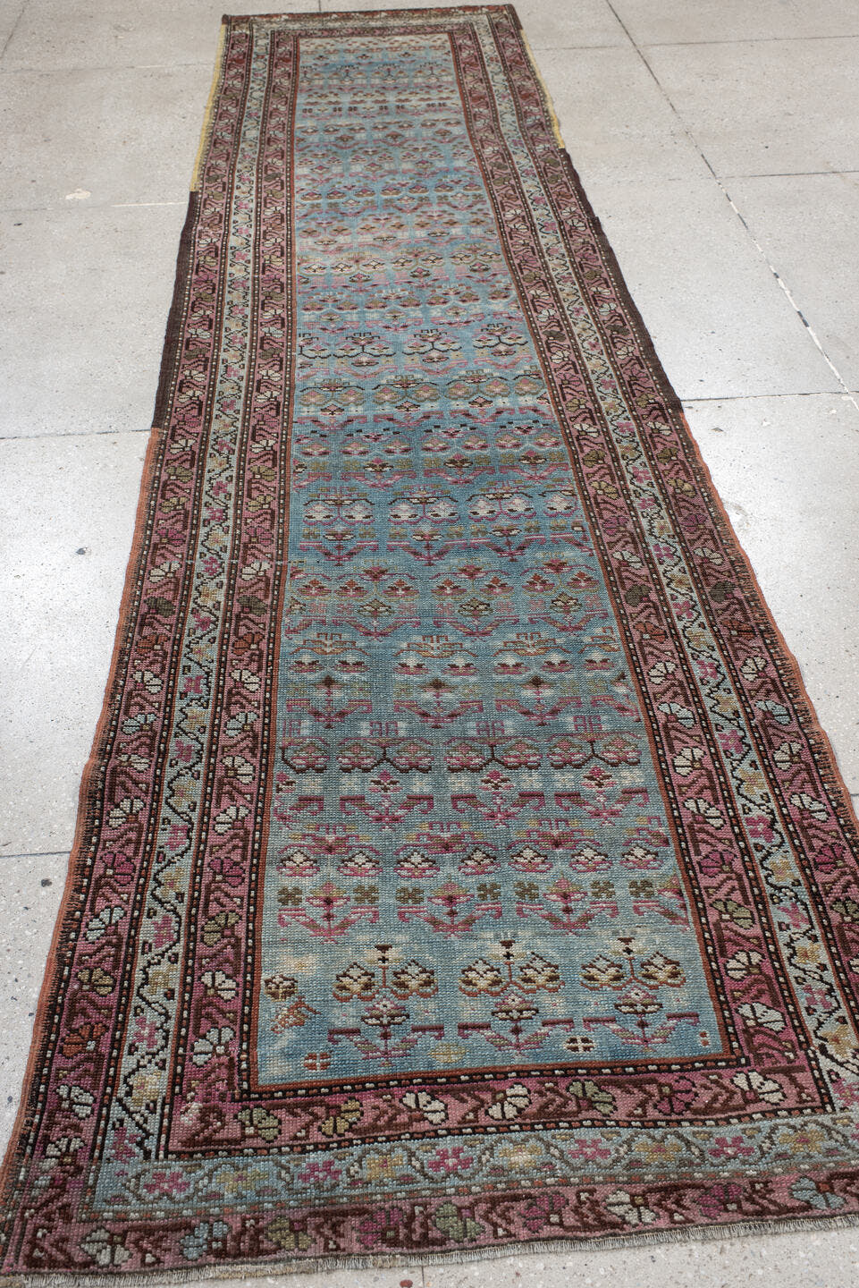 3' x 12' one-of-a-kind handmade antique NW Persian runner rug. Color palette: sky blue, rose, ivory, brown, slate, burgundy