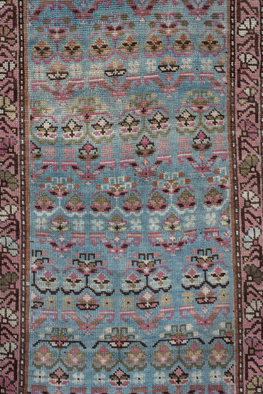 3' x 12' one-of-a-kind handmade antique NW Persian runner rug. Color palette: sky blue, rose, ivory, brown, slate, burgundy