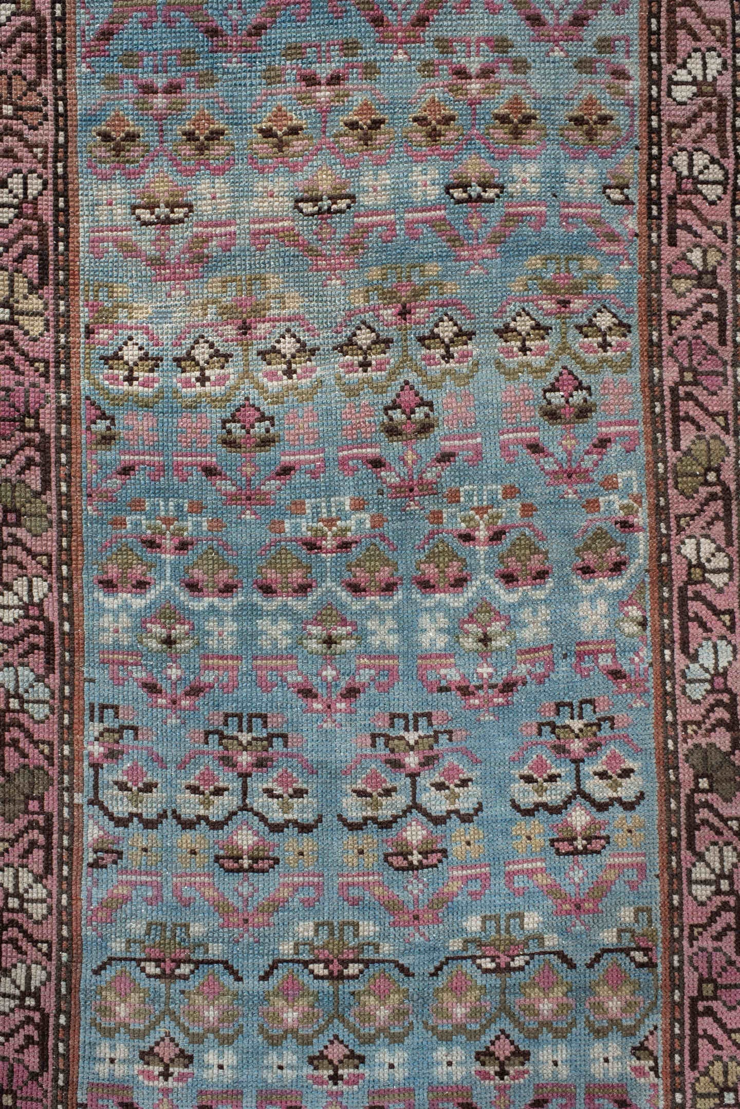 3' x 12' one-of-a-kind handmade antique NW Persian runner rug. Color palette: sky blue, rose, ivory, brown, slate, burgundy