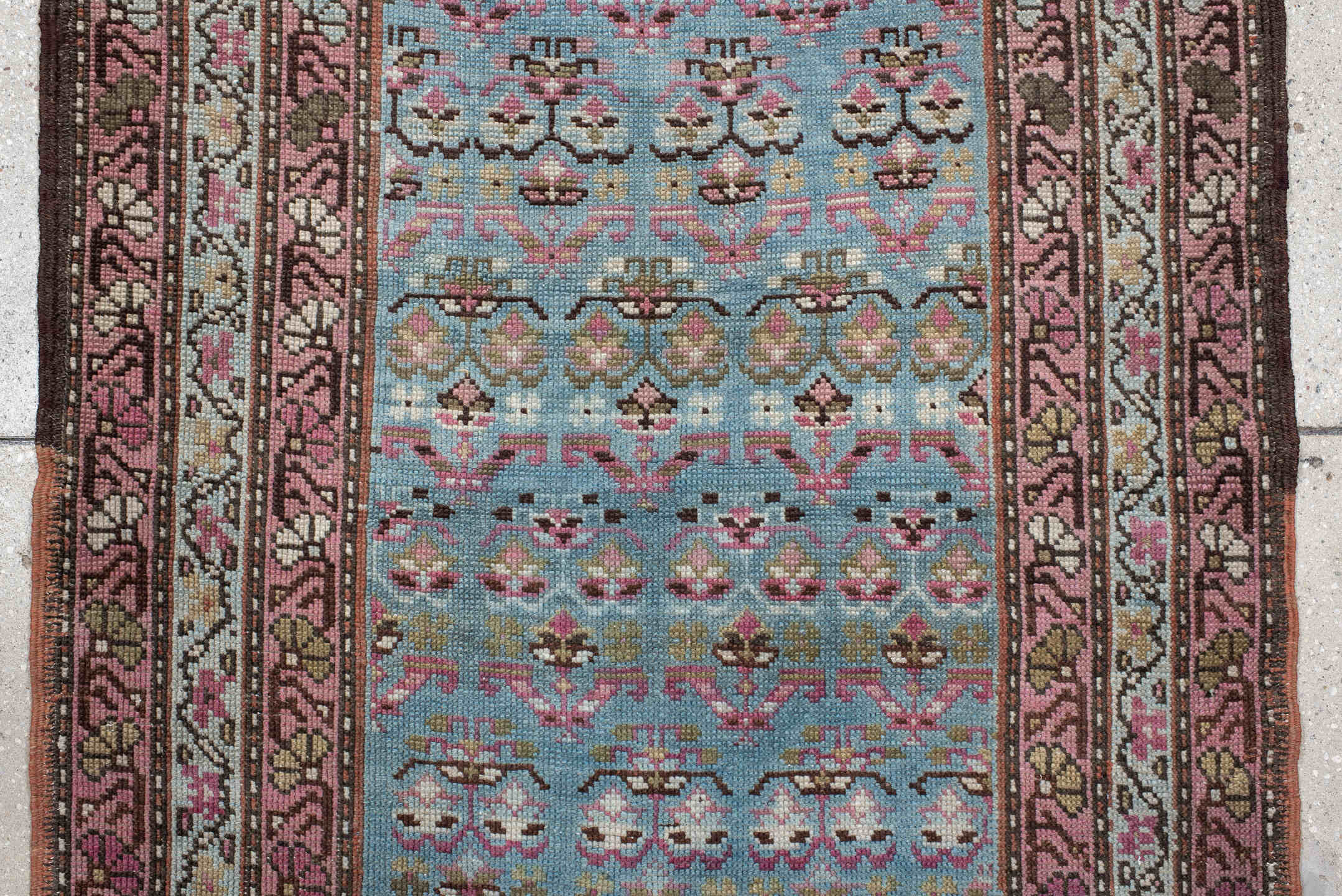 3' x 12' one-of-a-kind handmade antique NW Persian runner rug. Color palette: sky blue, rose, ivory, brown, slate, burgundy