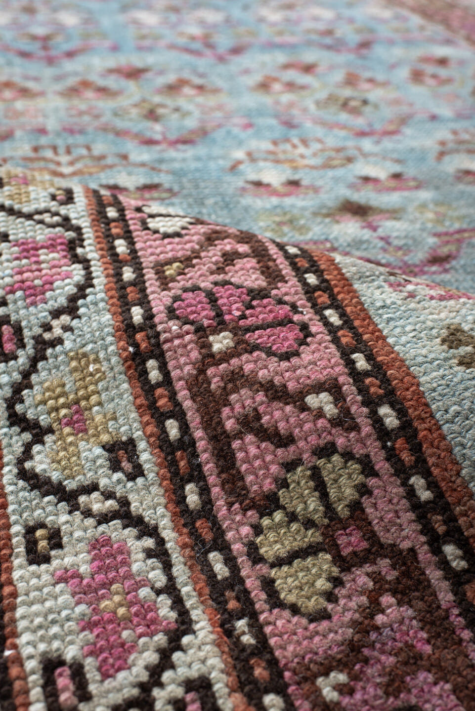 3' x 12' one-of-a-kind handmade antique NW Persian runner rug. Color palette: sky blue, rose, ivory, brown, slate, burgundy