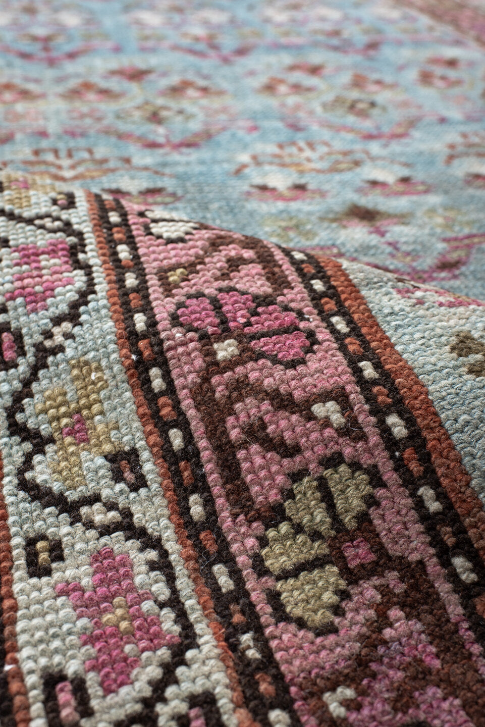 3' x 12' one-of-a-kind handmade antique NW Persian runner rug. Color palette: sky blue, rose, ivory, brown, slate, burgundy