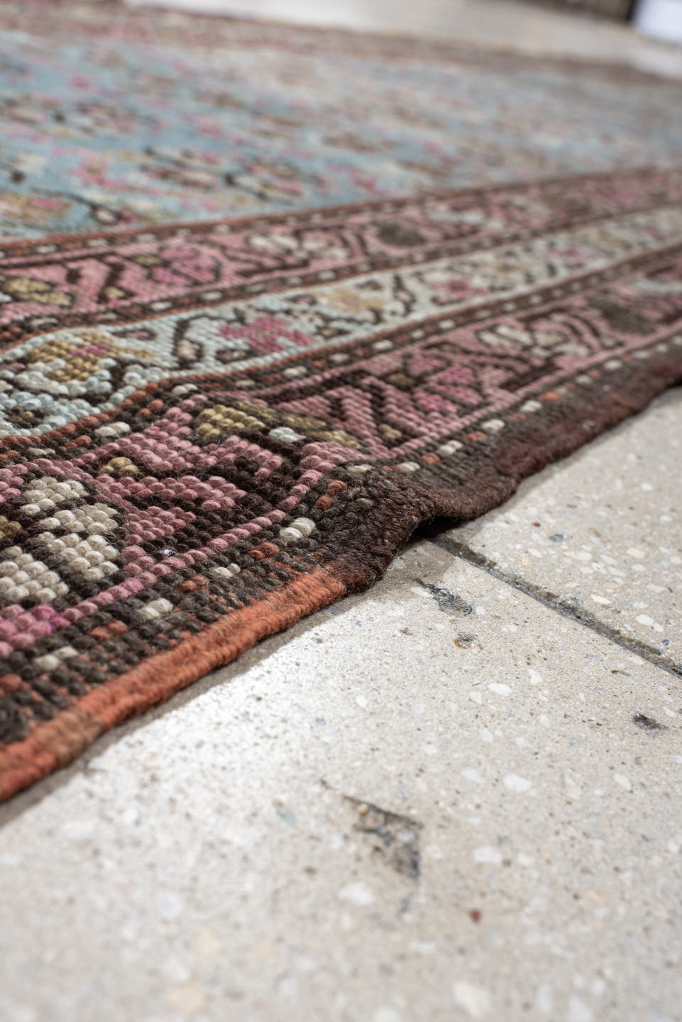 3' x 12' one-of-a-kind handmade antique NW Persian runner rug. Color palette: sky blue, rose, ivory, brown, slate, burgundy