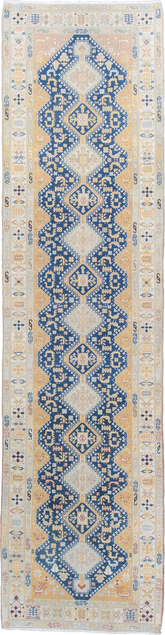 2' x 11' one-of-a-kind handmade antique Sivas runner rug. Color palette: ivory, indigo, gold, camel, pale_blue, taupe, rose