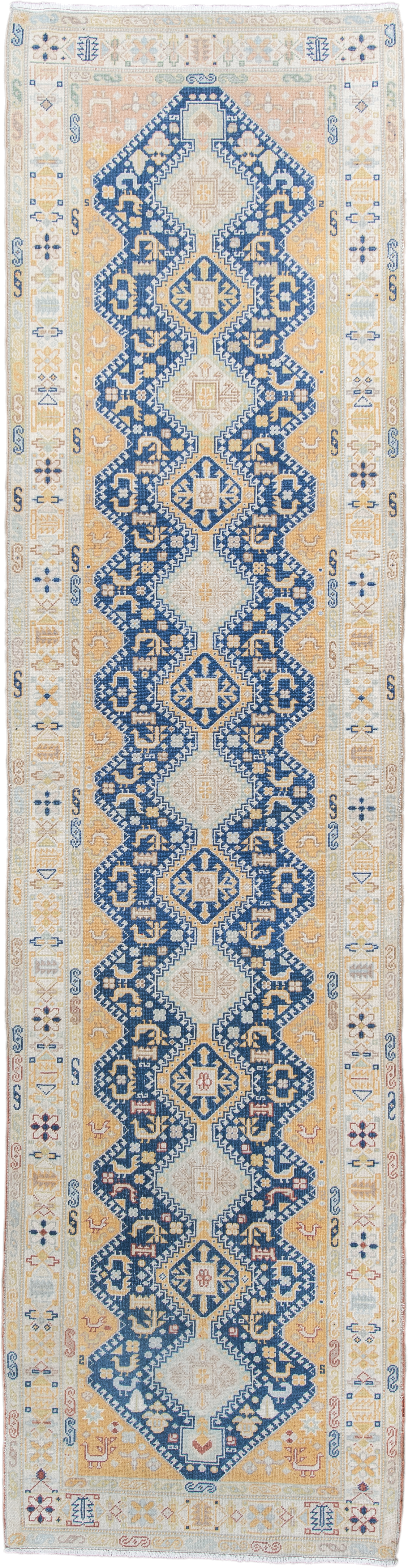 2' x 11' one-of-a-kind handmade antique Sivas runner rug. Color palette: ivory, indigo, gold, camel, pale_blue, taupe, rose