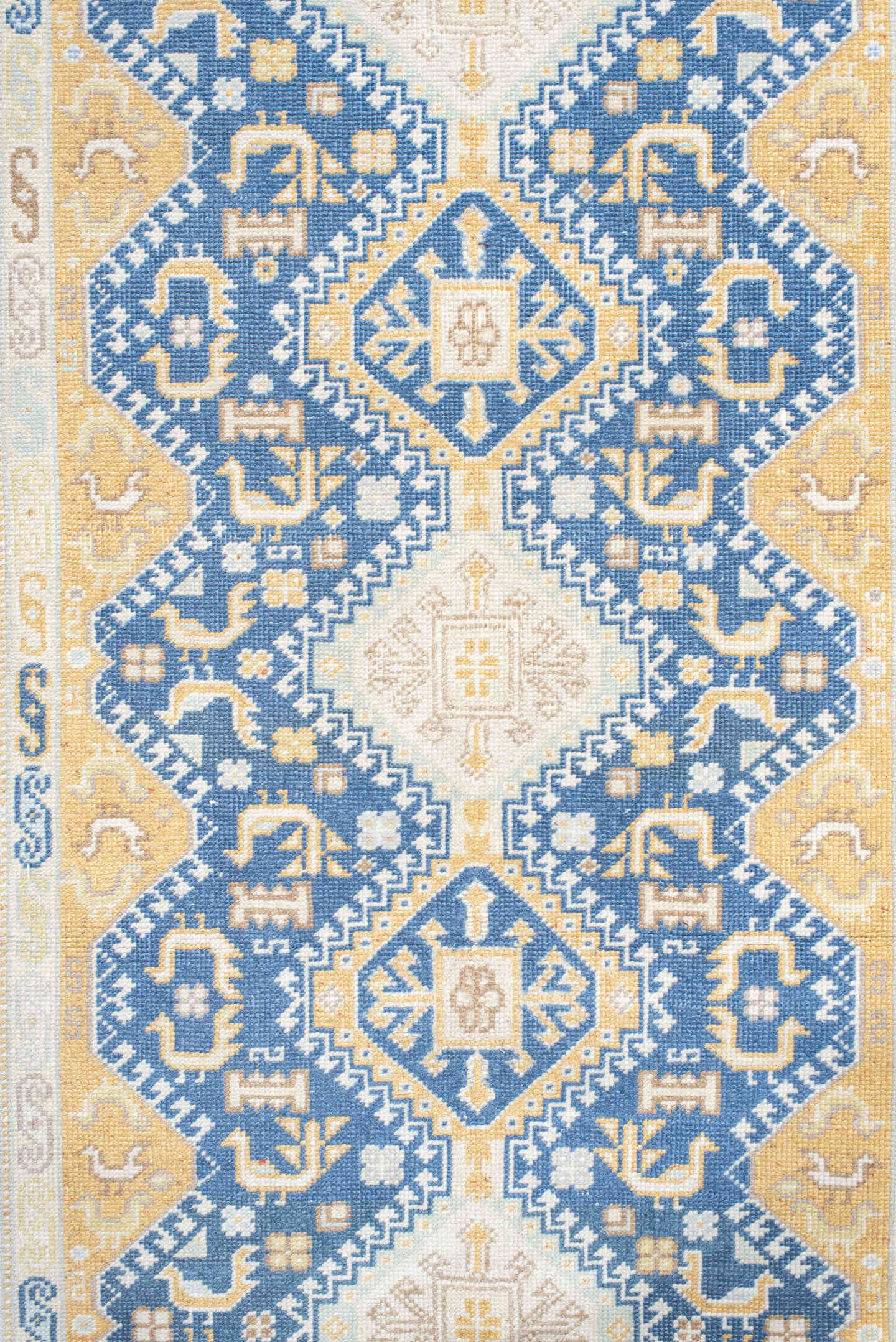 2' x 11' one-of-a-kind handmade antique Sivas runner rug. Color palette: ivory, indigo, gold, camel, pale_blue, taupe, rose