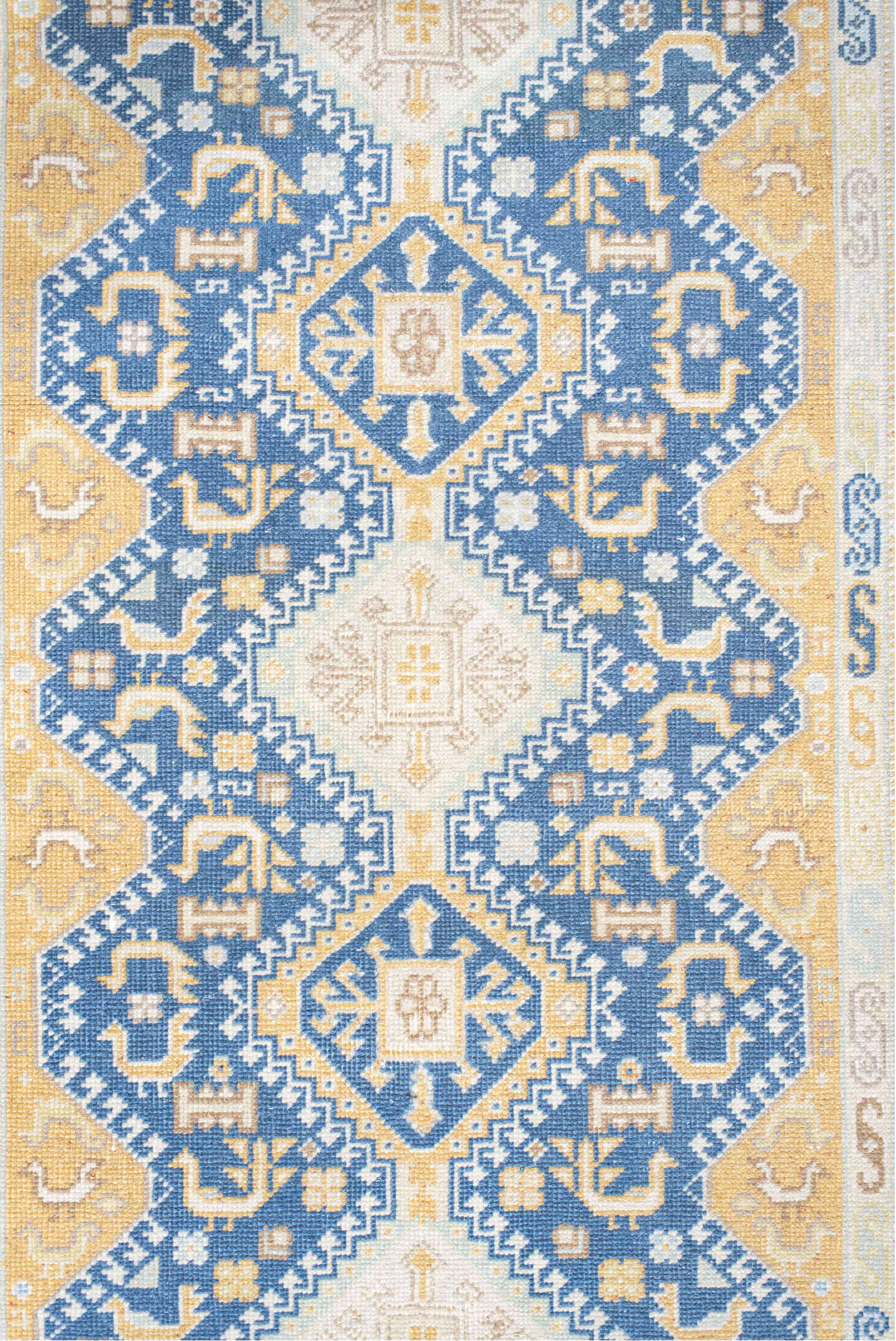 2' x 11' one-of-a-kind handmade vintage Sivas runner rug. Color palette: blue, brown, gainsboro, gray, light gray, off-white