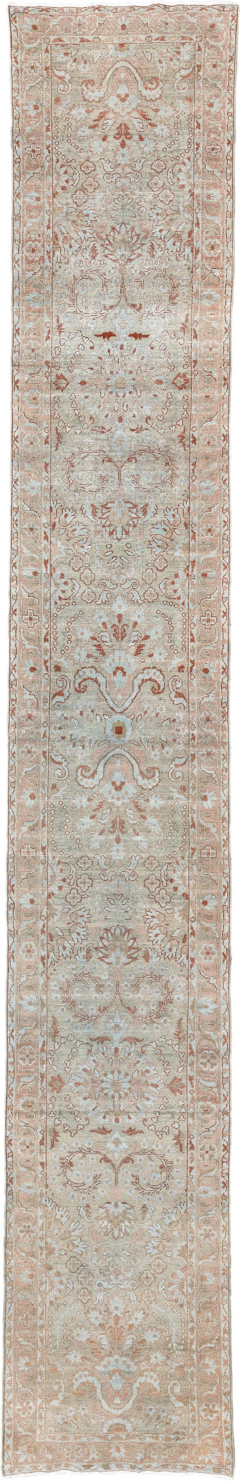2' x 16' one-of-a-kind handmade antique Malayer runner rug. Color palette: ivory, blush, rust, pale aqua, beige, camel, pink