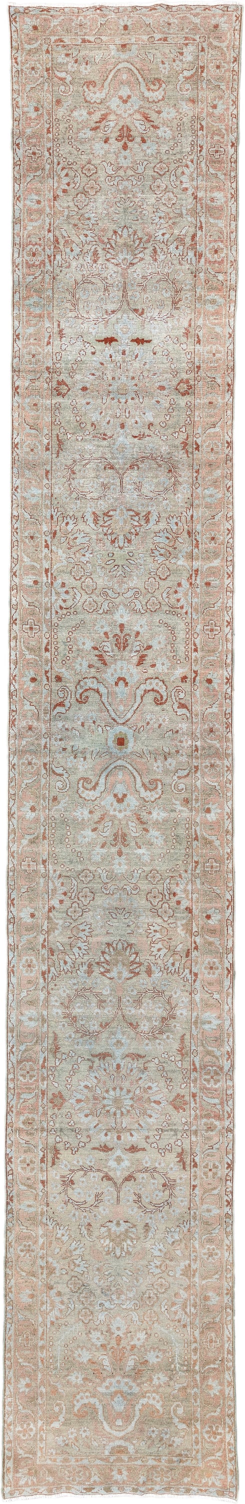 2' x 16' one-of-a-kind handmade antique Malayer runner rug. Color palette: ivory, blush, rust, pale aqua, beige, camel, pink