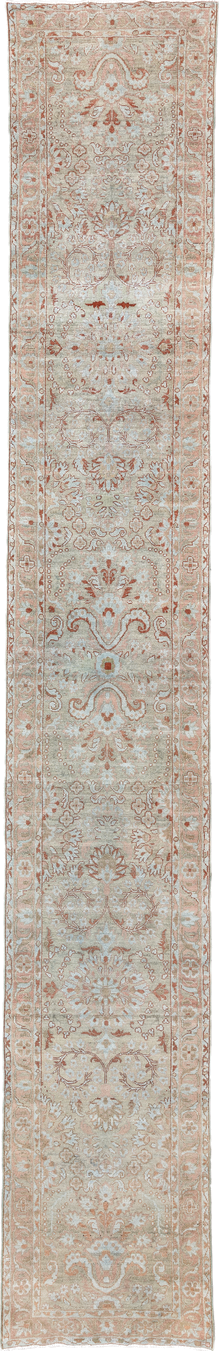 2' x 16' one-of-a-kind handmade antique Malayer runner rug. Color palette: ivory, blush, rust, pale aqua, beige, camel, pink