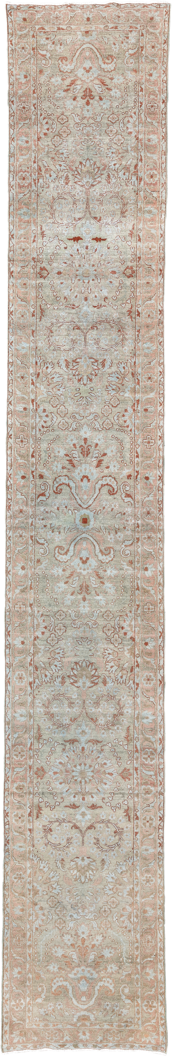 2' x 16' one-of-a-kind handmade antique Malayer runner rug. Color palette: ivory, blush, rust, pale aqua, beige, camel, pink
