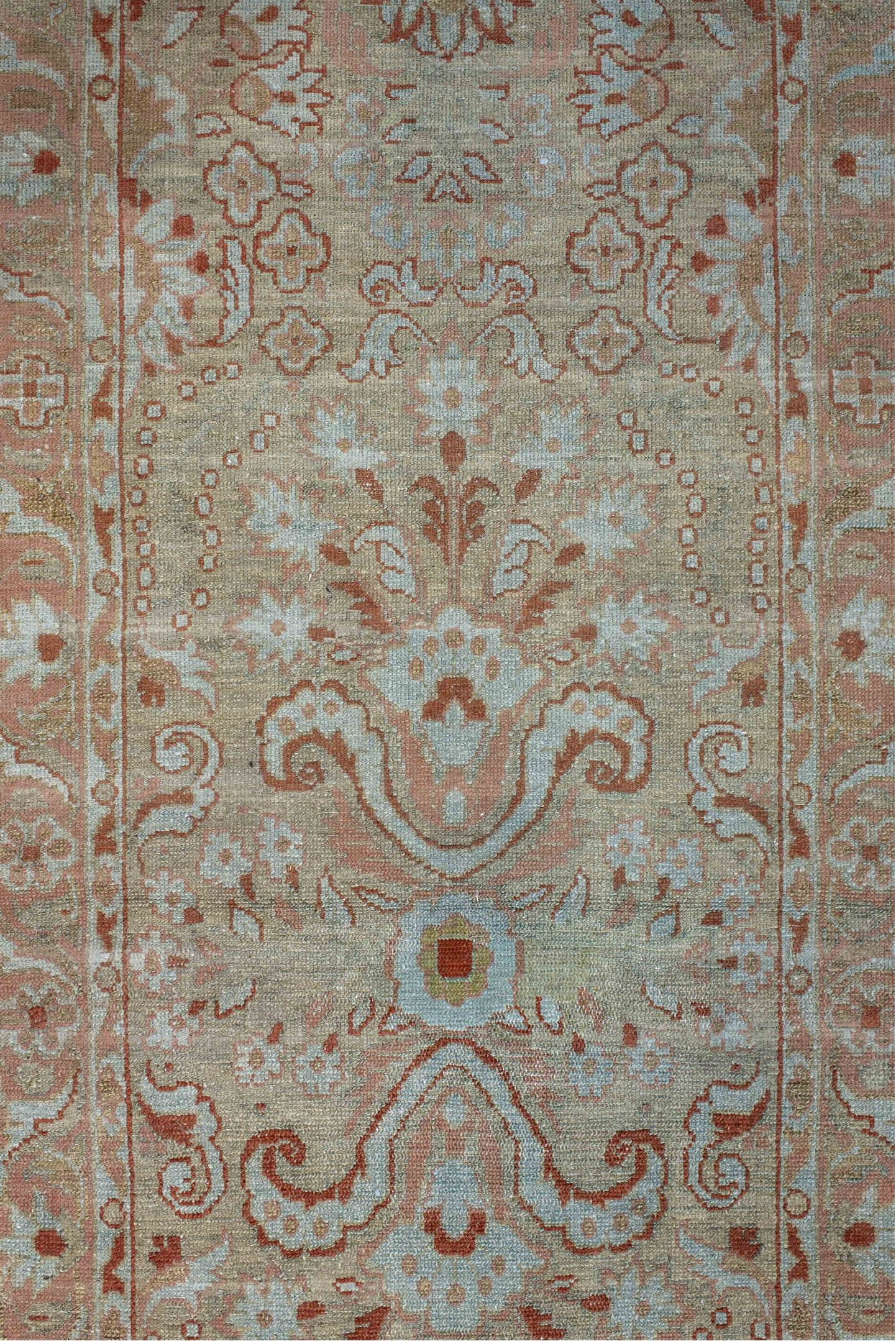 2' x 16' one-of-a-kind handmade antique Malayer runner rug. Color palette: ivory, blush, rust, pale aqua, beige, camel, pink