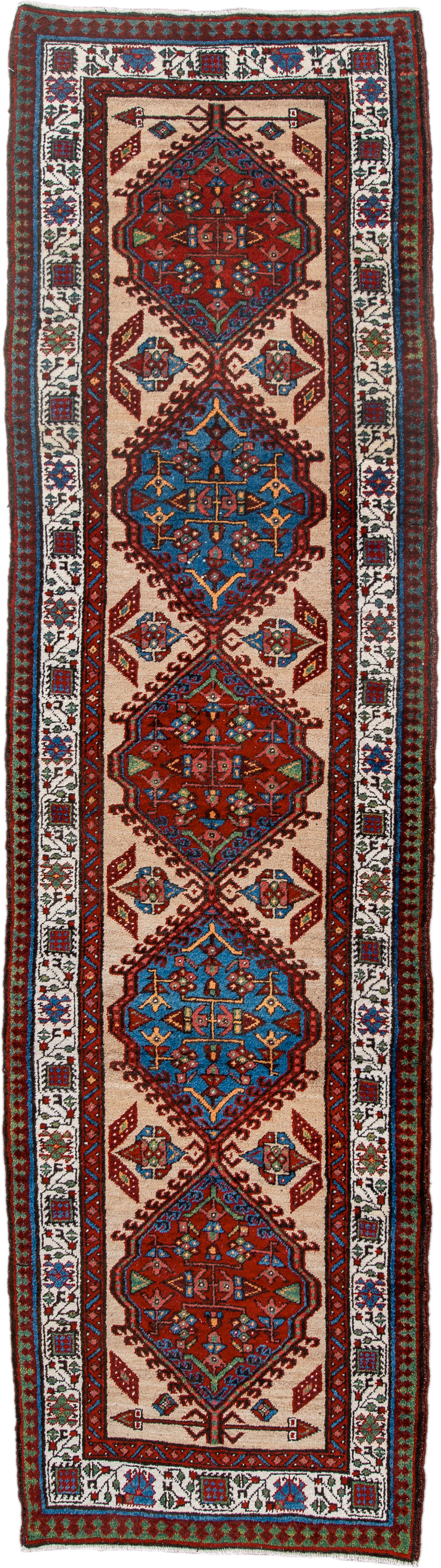 3' x 10' one-of-a-kind handmade antique Sarab runner rug. Color palette: ivory, rust, sky blue, crimson, navy, teal, brown