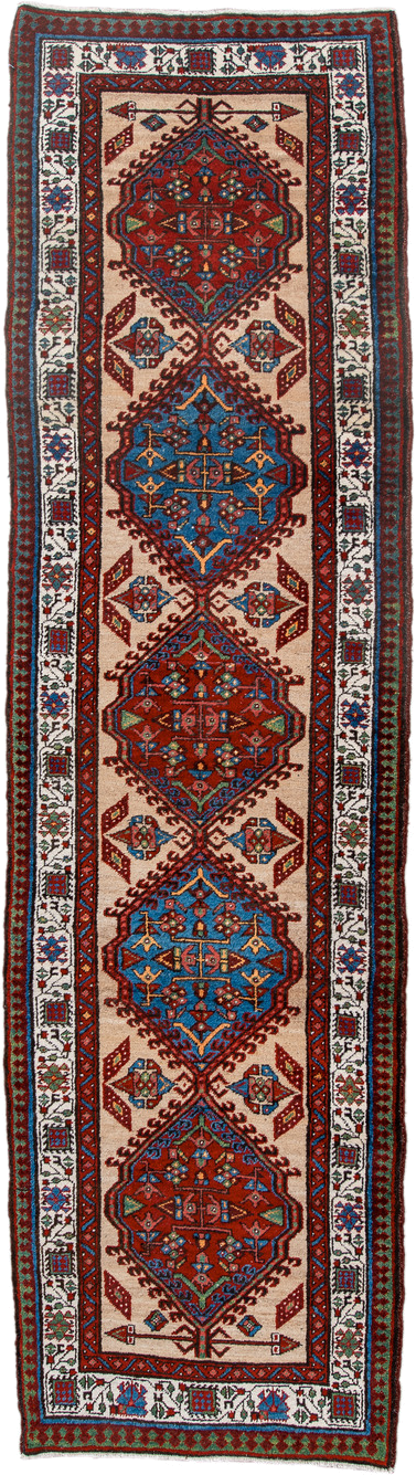 3' x 10' one-of-a-kind handmade antique Sarab runner rug. Color palette: ivory, rust, sky blue, crimson, navy, teal, brown