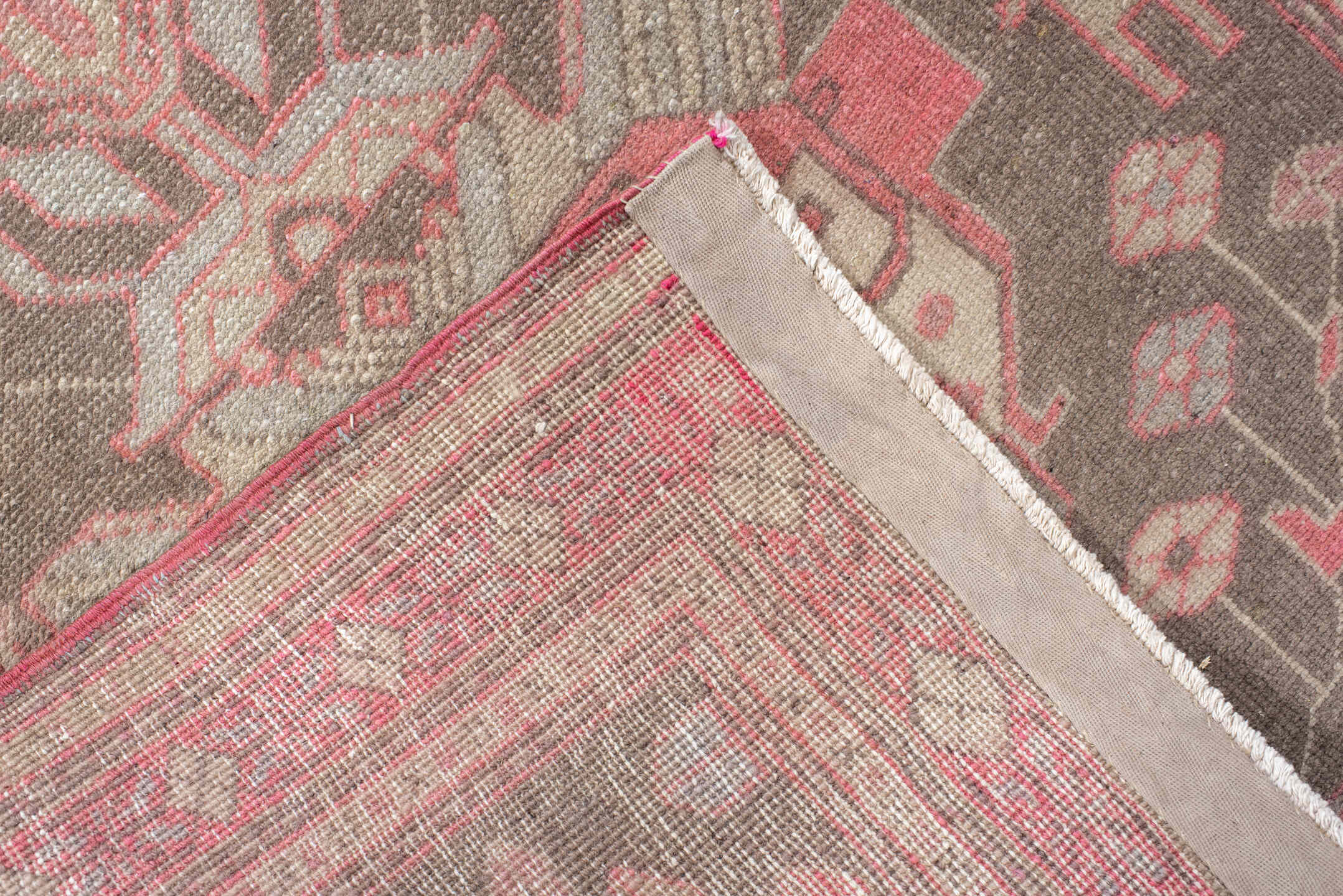 2' x 10' one-of-a-kind handmade vintage Sarab runner rug. Color palette: brown, gray, indian red, light gray, off-white