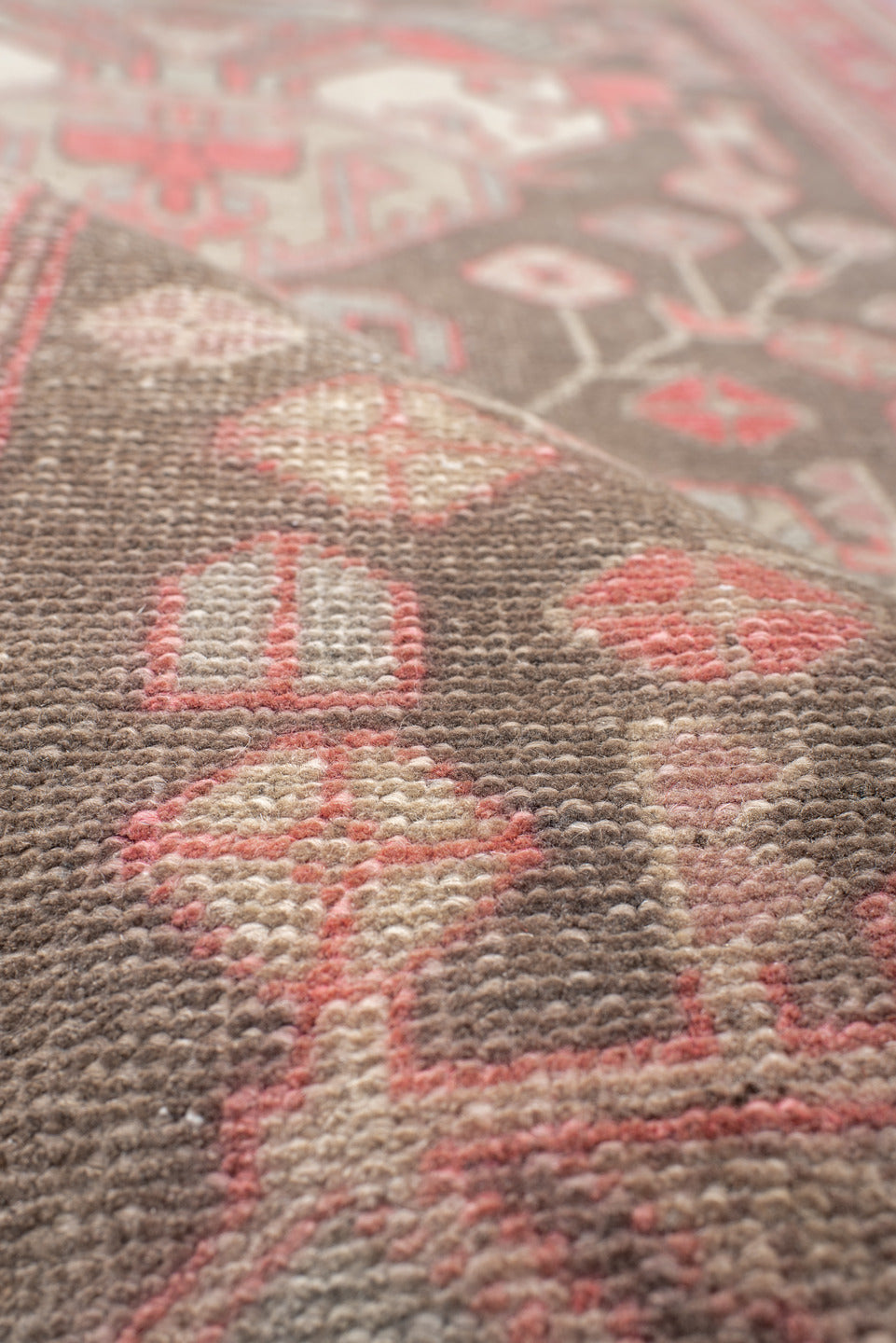 2' x 10' one-of-a-kind handmade vintage Sarab runner rug. Color palette: brown, gray, indian red, light gray, off-white