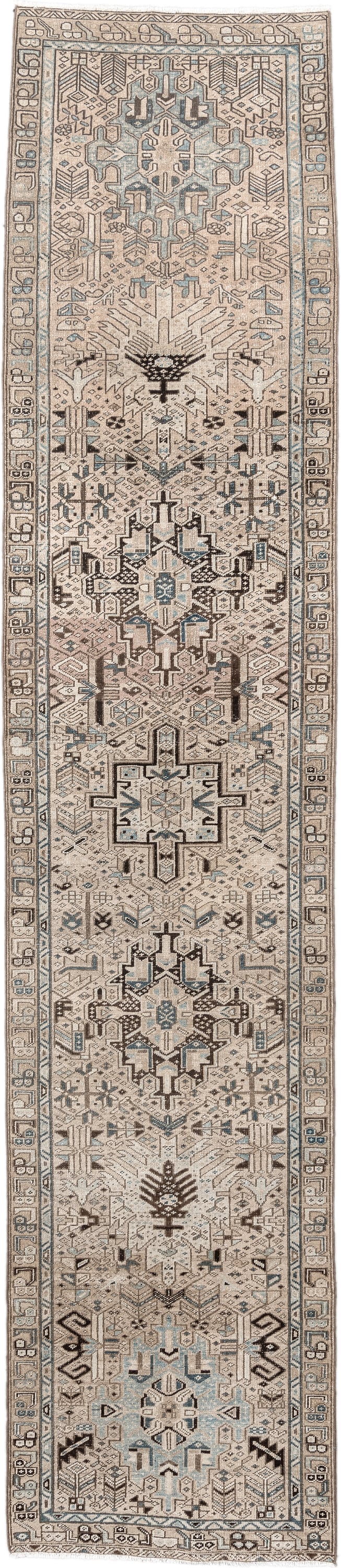 3' x 14' one-of-a-kind handmade antique Karaje runner rug. Color palette: ivory, sky blue, taupe, camel, charcoal, brown