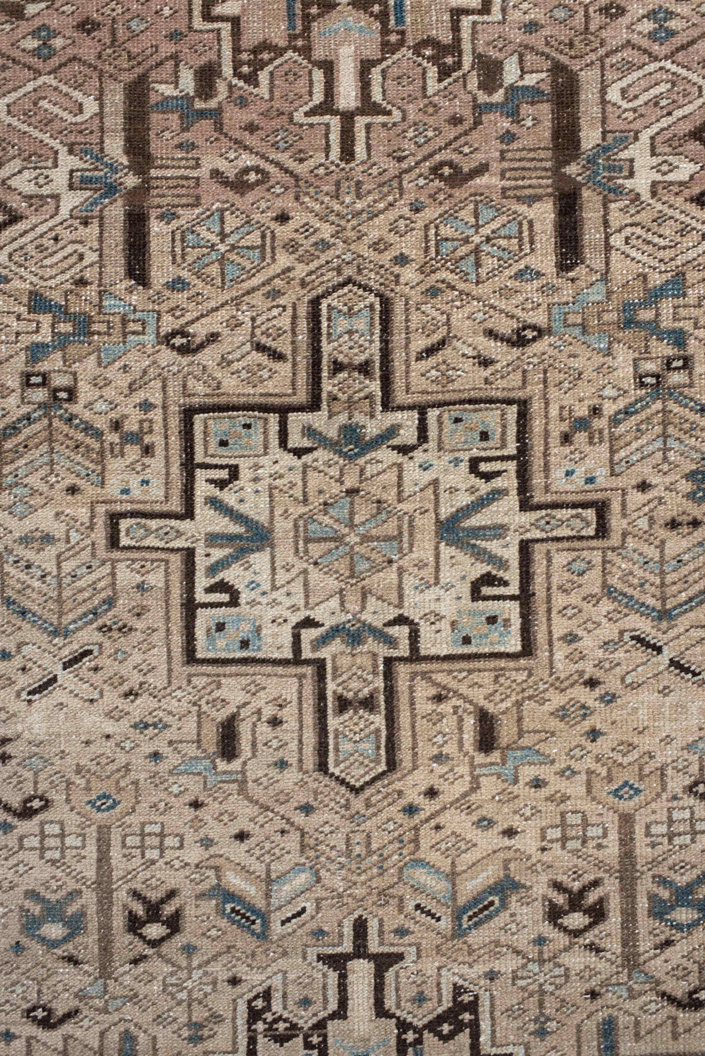 3' x 14' one-of-a-kind handmade antique Karaje runner rug. Color palette: ivory, sky blue, taupe, camel, charcoal, brown