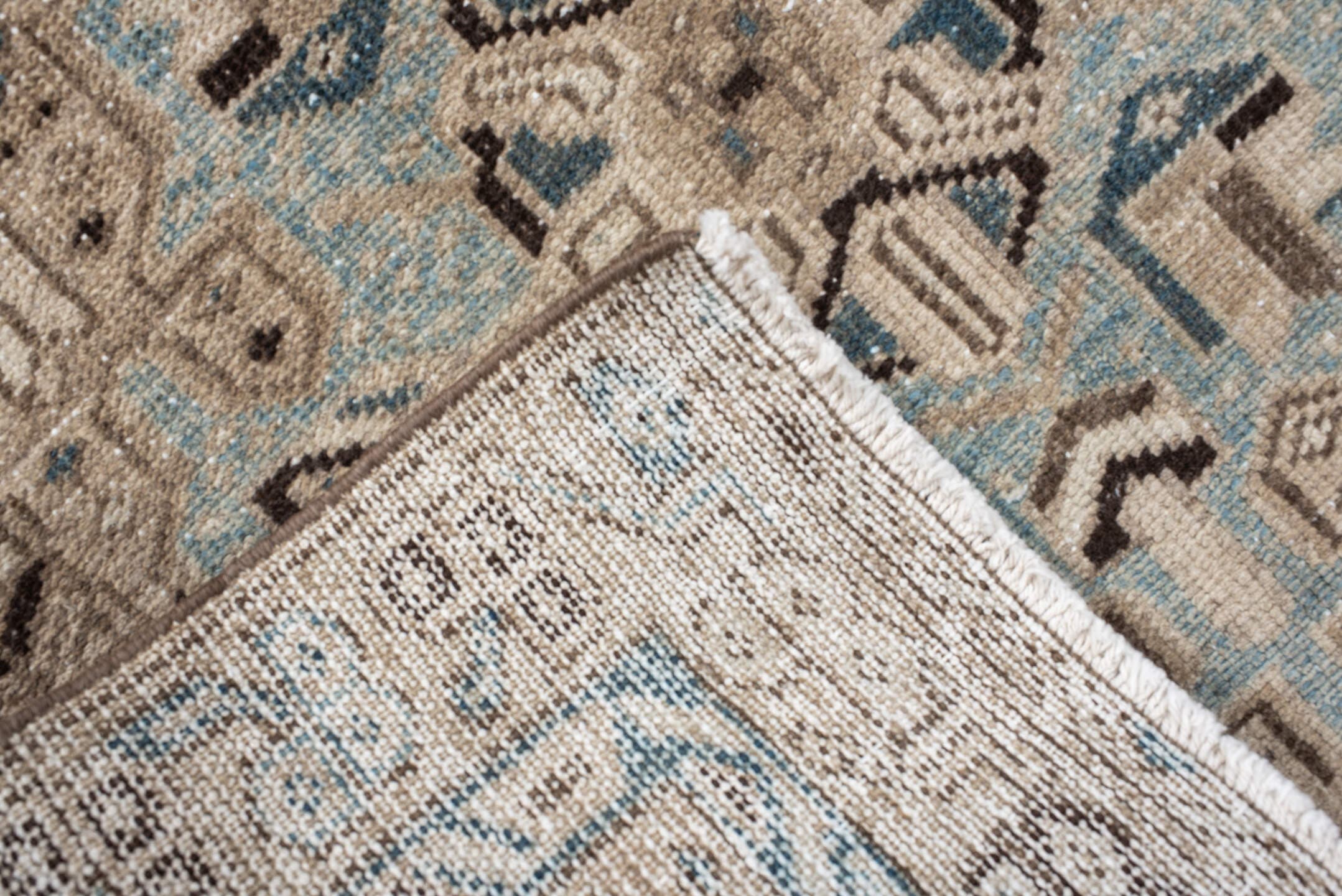 3' x 14' one-of-a-kind handmade antique Karaje runner rug. Color palette: ivory, sky blue, taupe, camel, charcoal, brown