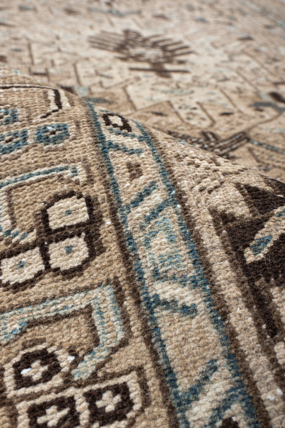 3' x 14' one-of-a-kind handmade antique Karaje runner rug. Color palette: ivory, sky blue, taupe, camel, charcoal, brown