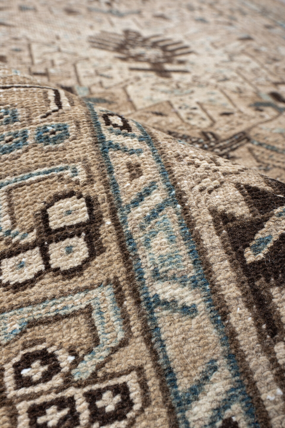 3' x 14' one-of-a-kind handmade antique Karaje runner rug. Color palette: ivory, sky blue, taupe, camel, charcoal, brown