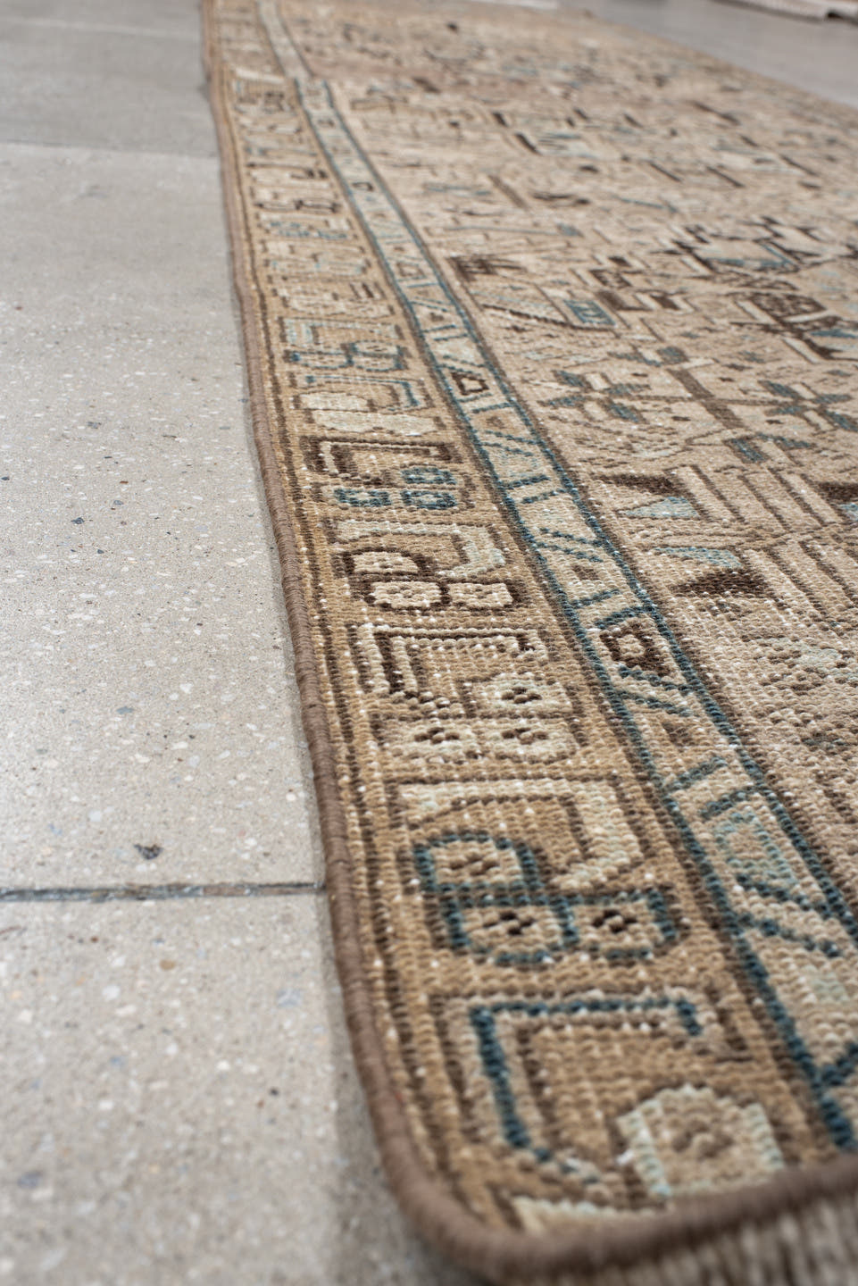 3' x 14' one-of-a-kind handmade antique Karaje runner rug. Color palette: ivory, sky blue, taupe, camel, charcoal, brown
