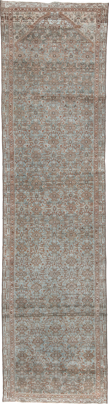13' x 3' one-of-a-kind handmade antique Senne rug. Color palette: sky blue, ivory, rust, taupe, camel, sage, brown