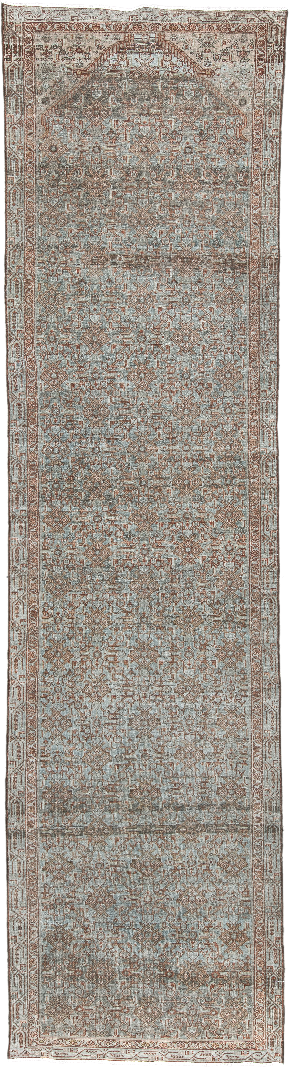 13' x 3' one-of-a-kind handmade antique Senne rug. Color palette: sky blue, ivory, rust, taupe, camel, sage, brown