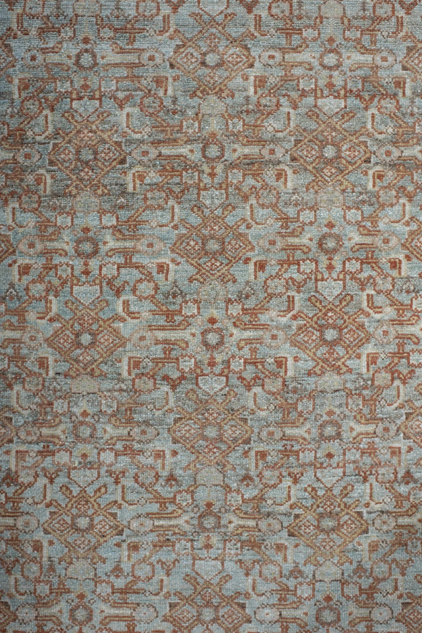 13' x 3' one-of-a-kind handmade antique Senne rug. Color palette: sky blue, ivory, rust, taupe, camel, sage, brown