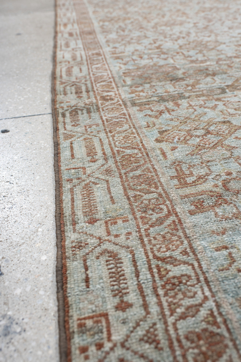 13' x 3' one-of-a-kind handmade antique Senne rug. Color palette: sky blue, ivory, rust, taupe, camel, sage, brown