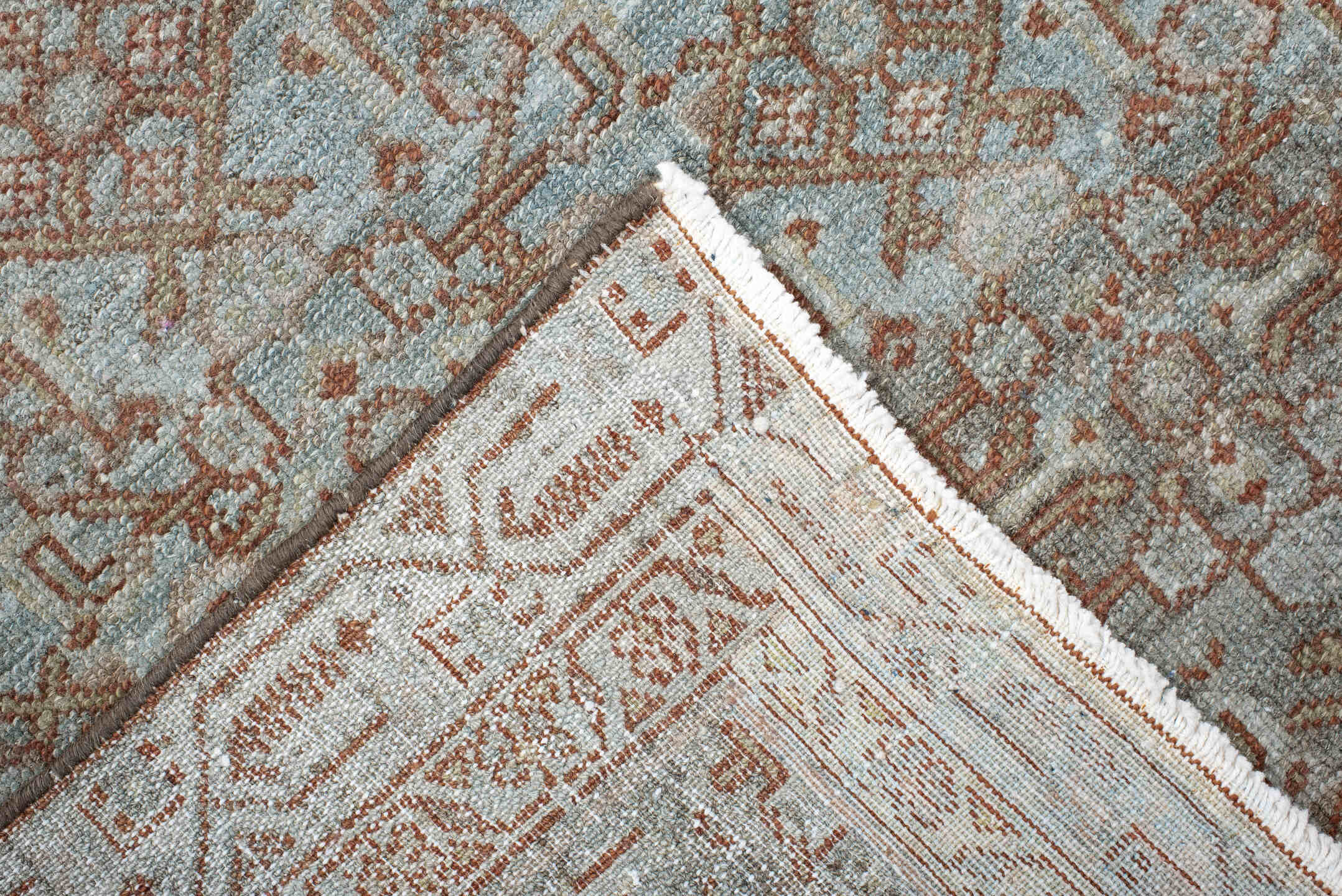 13' x 3' one-of-a-kind handmade antique Senne rug. Color palette: sky blue, ivory, rust, taupe, camel, sage, brown