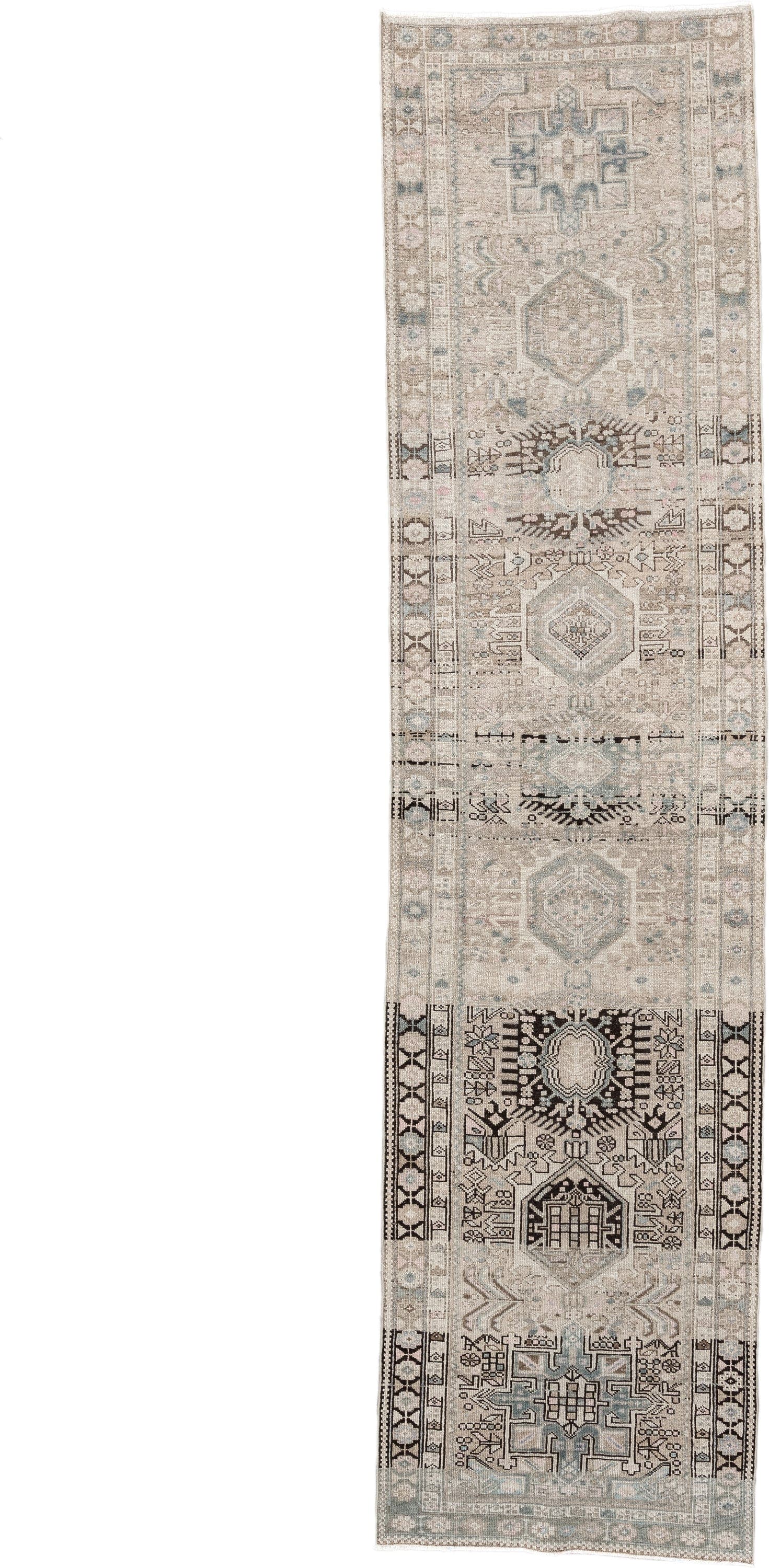 3' x 12' one-of-a-kind handmade antique Karaje runner rug. Color palette: ivory, taupe, pale blue, brown, charcoal, beige