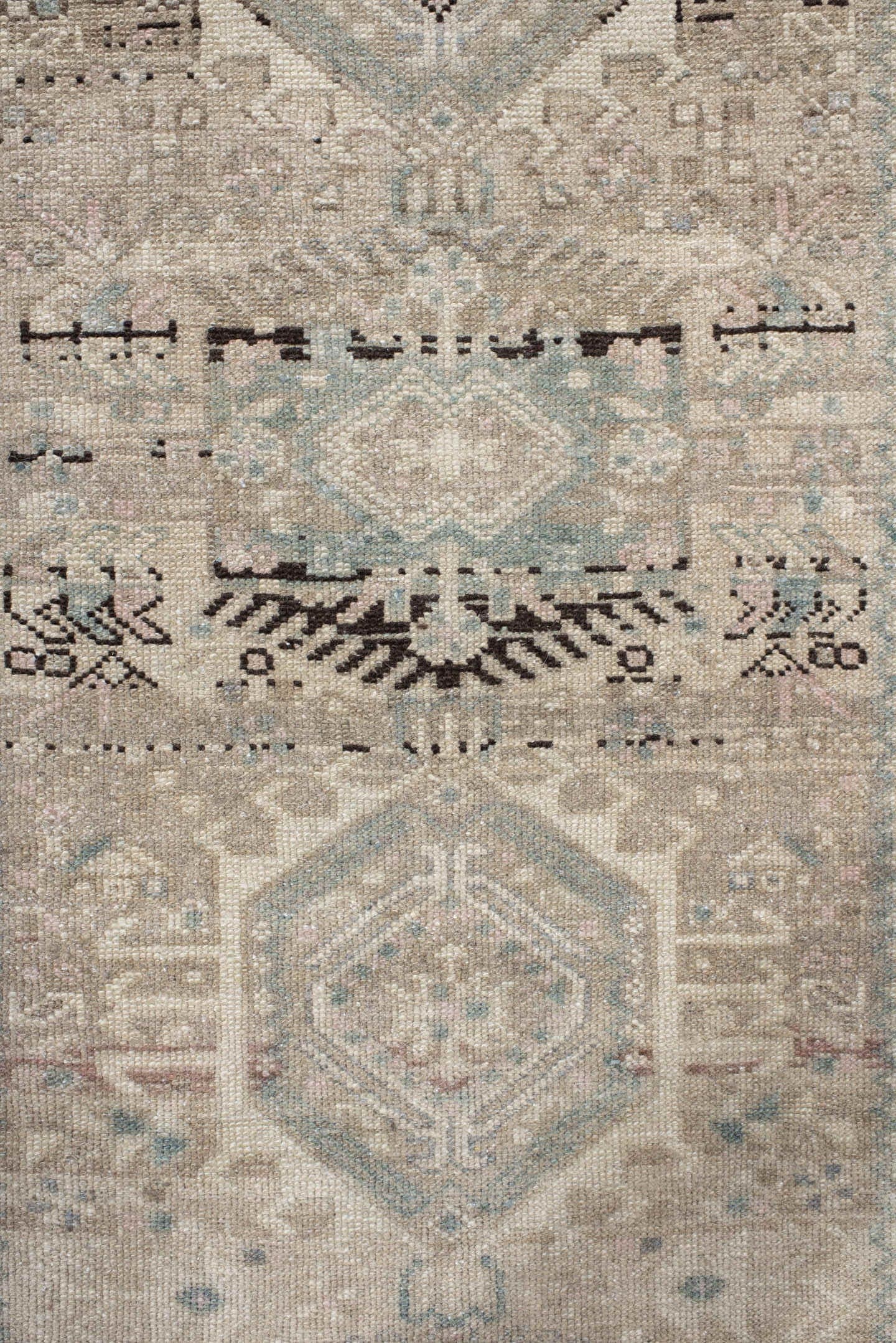 3' x 12' one-of-a-kind handmade antique Karaje runner rug. Color palette: ivory, taupe, pale blue, brown, charcoal, beige