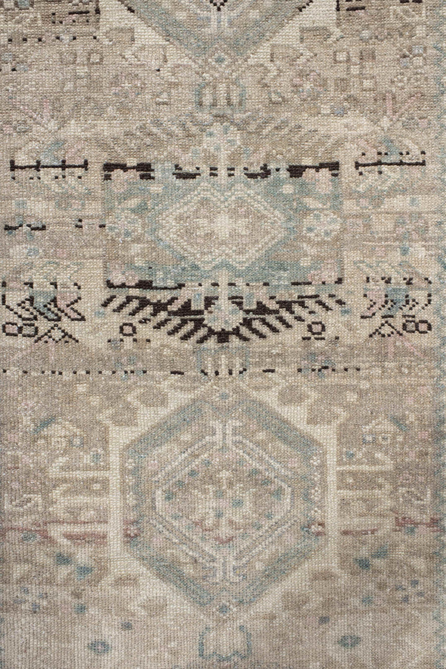 3' x 12' one-of-a-kind handmade antique Karaje runner rug. Color palette: ivory, taupe, pale blue, brown, charcoal, beige