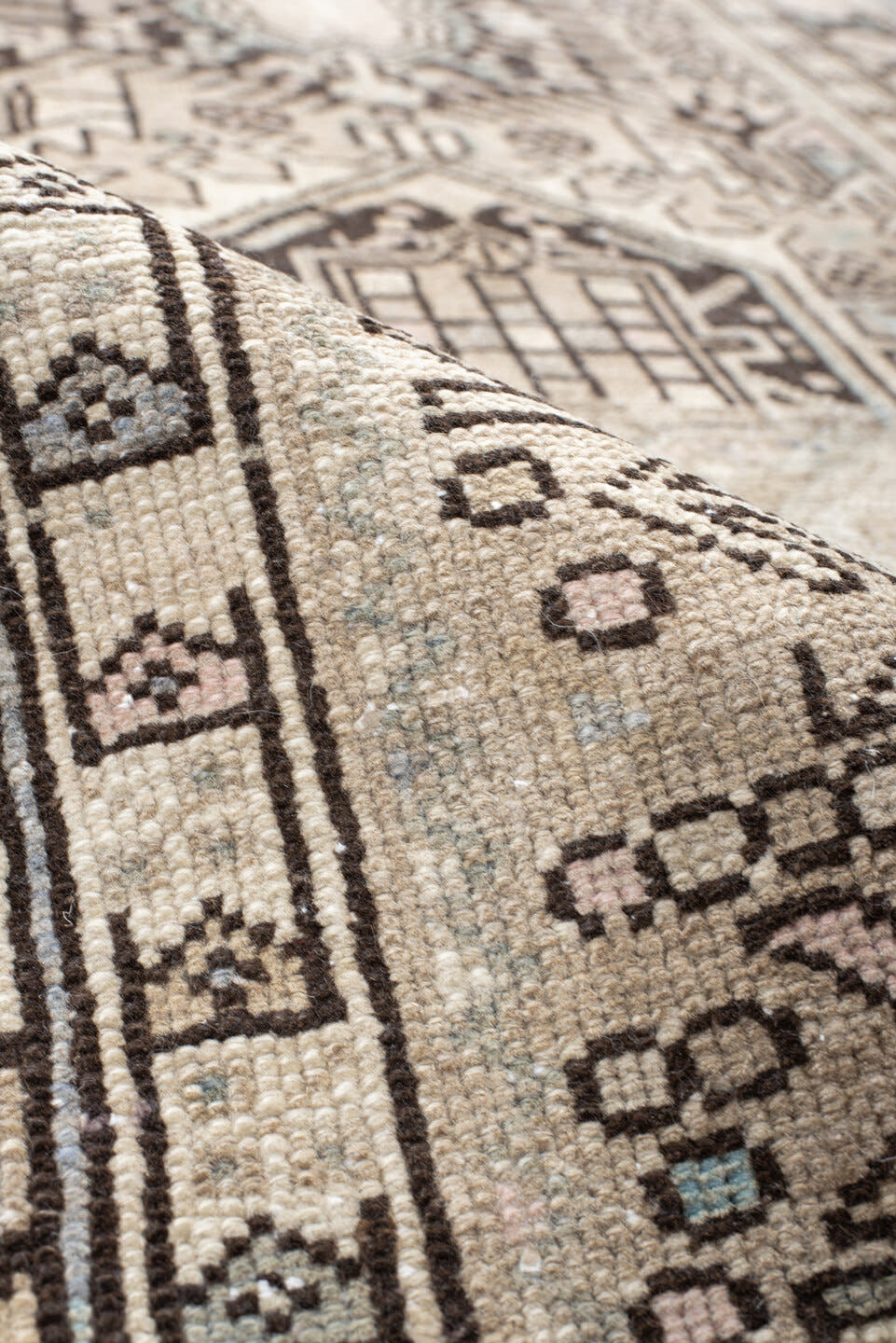 3' x 12' one-of-a-kind handmade antique Karaje runner rug. Color palette: ivory, taupe, pale blue, brown, charcoal, beige