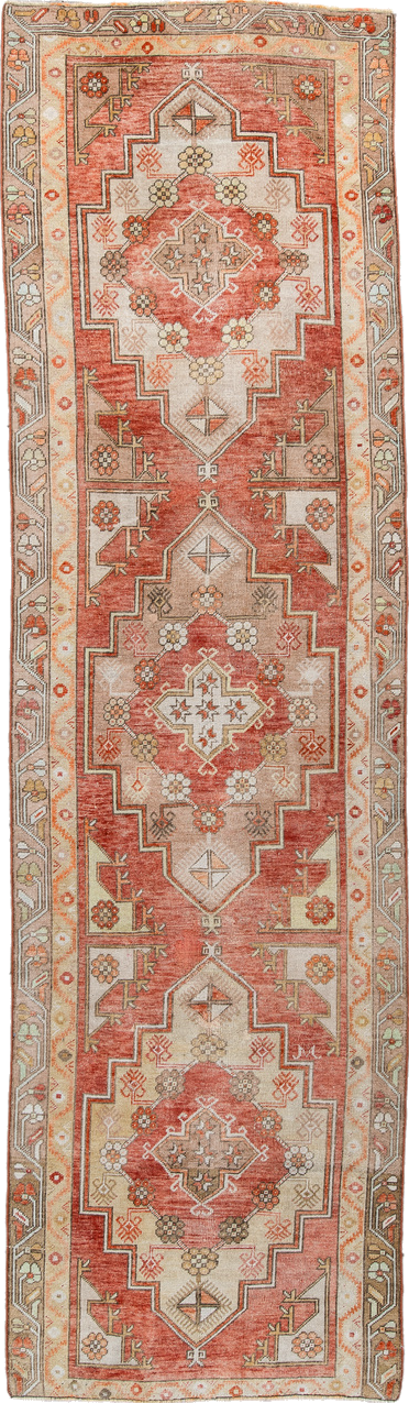 3' x 10' one-of-a-kind handmade vintage Anatolian runner rug. Color palette: brown, gray, light gray, off-white, orange