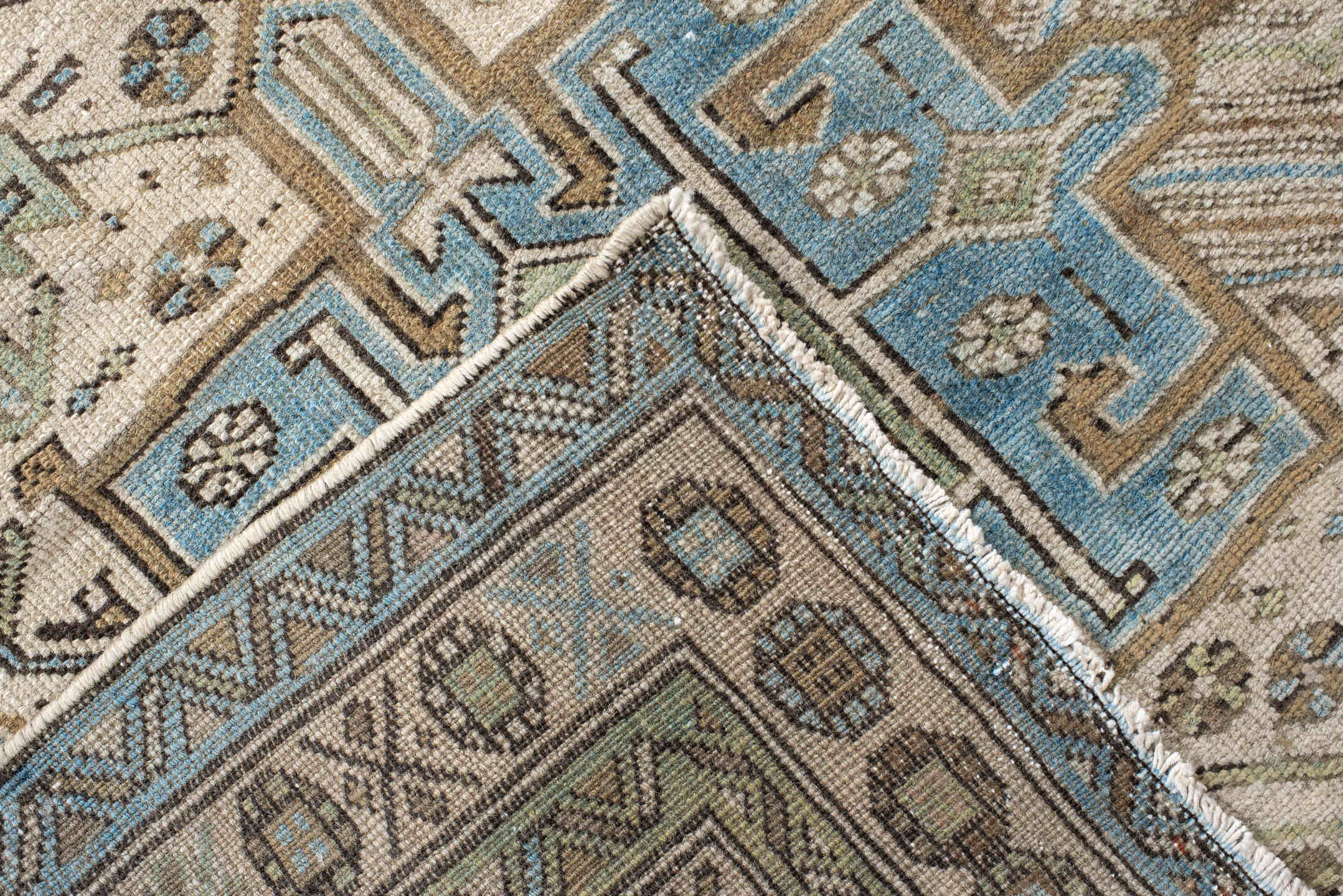 3' x 9' one-of-a-kind handmade vintage Heriz runner rug. Color palette: ivory, sky blue, taupe, brown, sage, charcoal