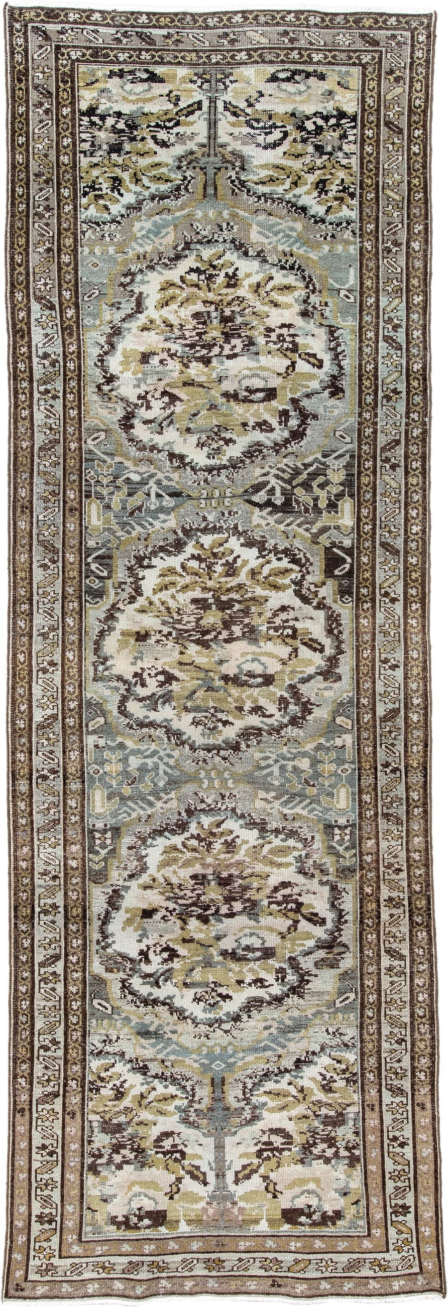 3' x 10' one-of-a-kind handmade vintage Baktiary runner rug. Color palette: ivory, brown, sage, taupe, gold, charcoal, green