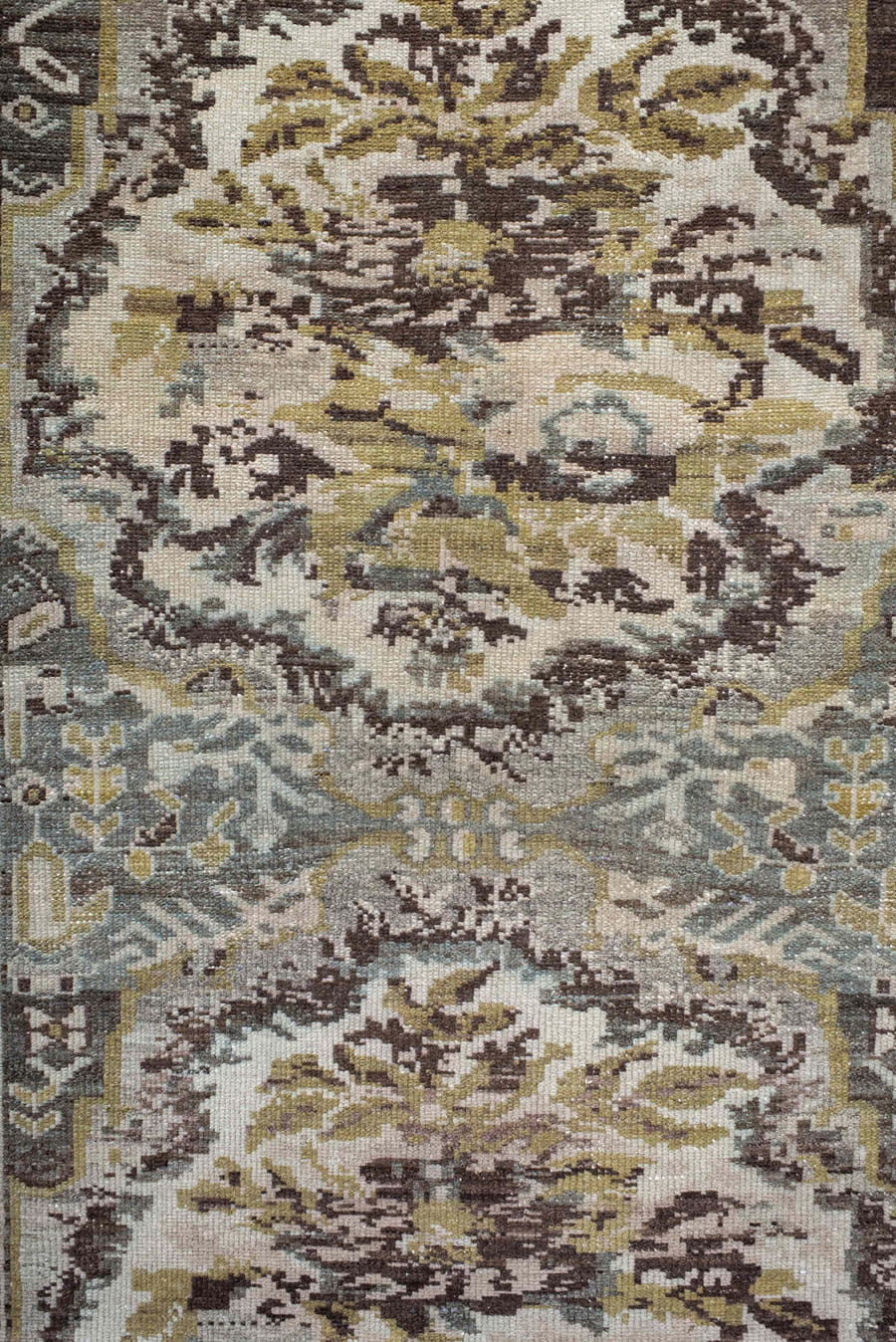 3' x 10' one-of-a-kind handmade vintage Baktiary runner rug. Color palette: ivory, brown, sage, taupe, gold, charcoal, green
