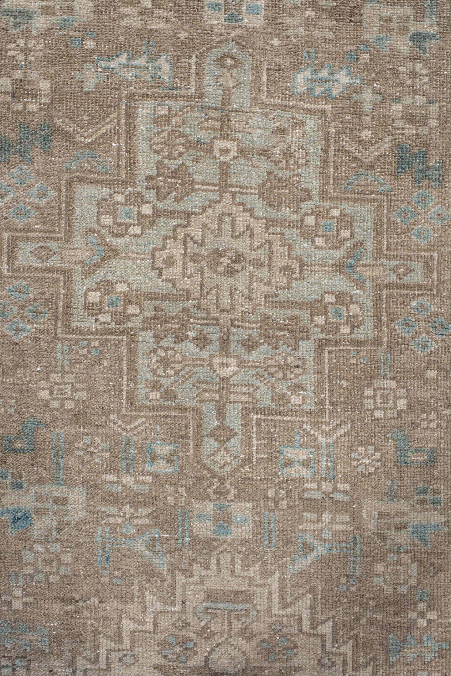 3' x 10' one-of-a-kind handmade vintage Heriz runner rug. Color palette: taupe, ivory, pale blue, beige, camel, sage, gray