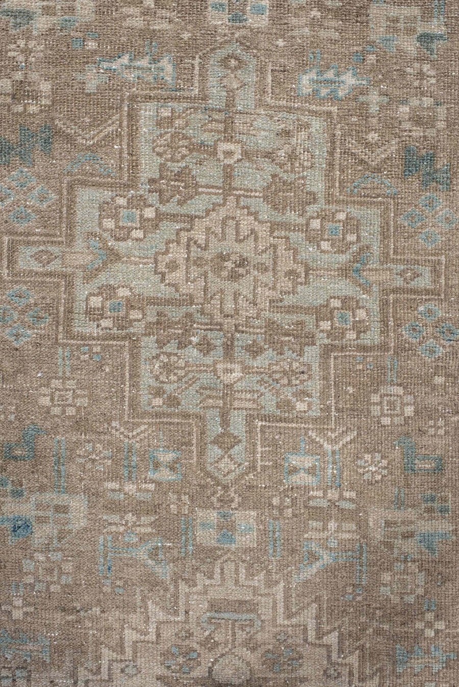 3' x 10' one-of-a-kind handmade vintage Heriz runner rug. Color palette: taupe, ivory, pale blue, beige, camel, sage, gray
