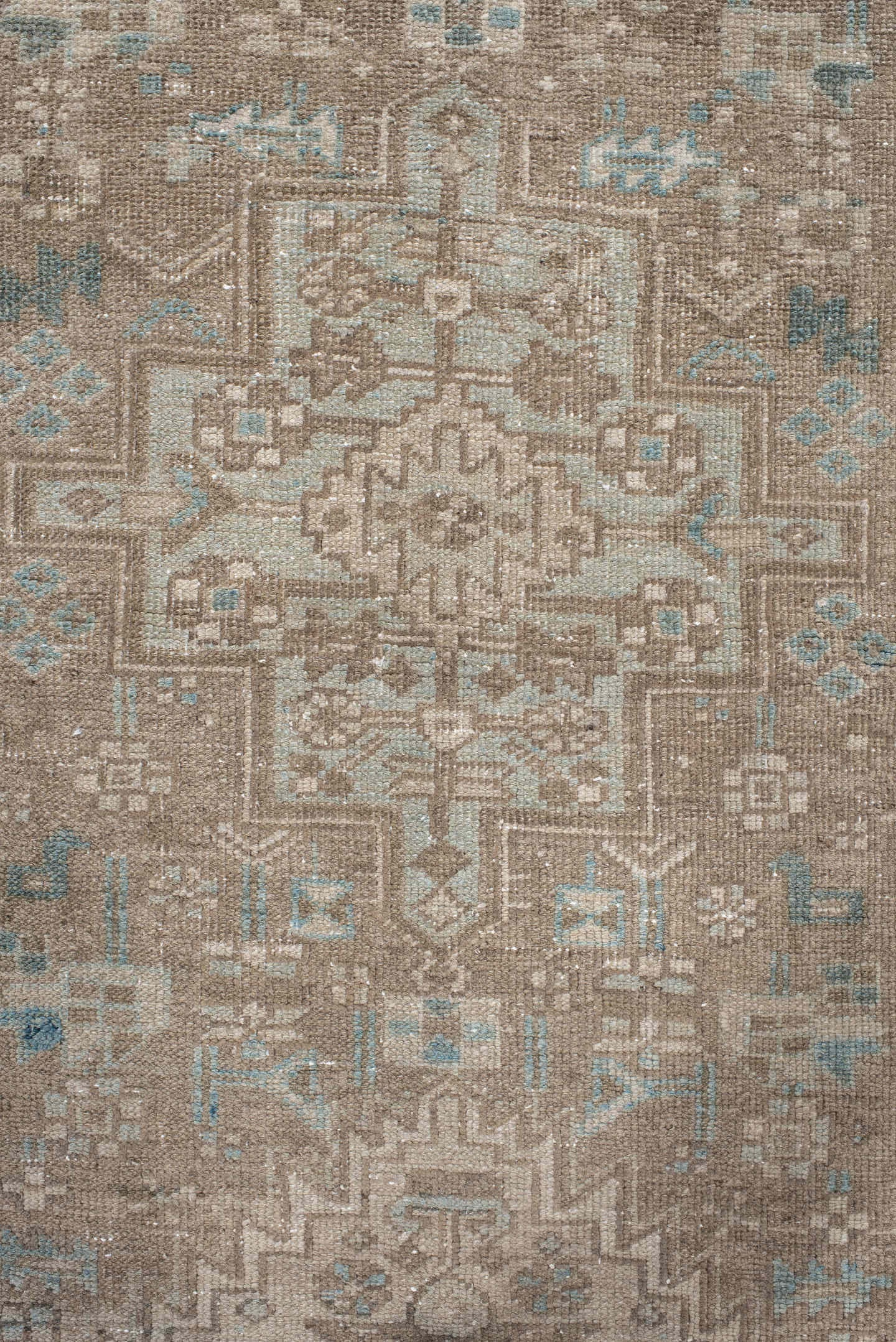3' x 10' one-of-a-kind handmade vintage Heriz runner rug. Color palette: taupe, ivory, pale blue, beige, camel, sage, gray